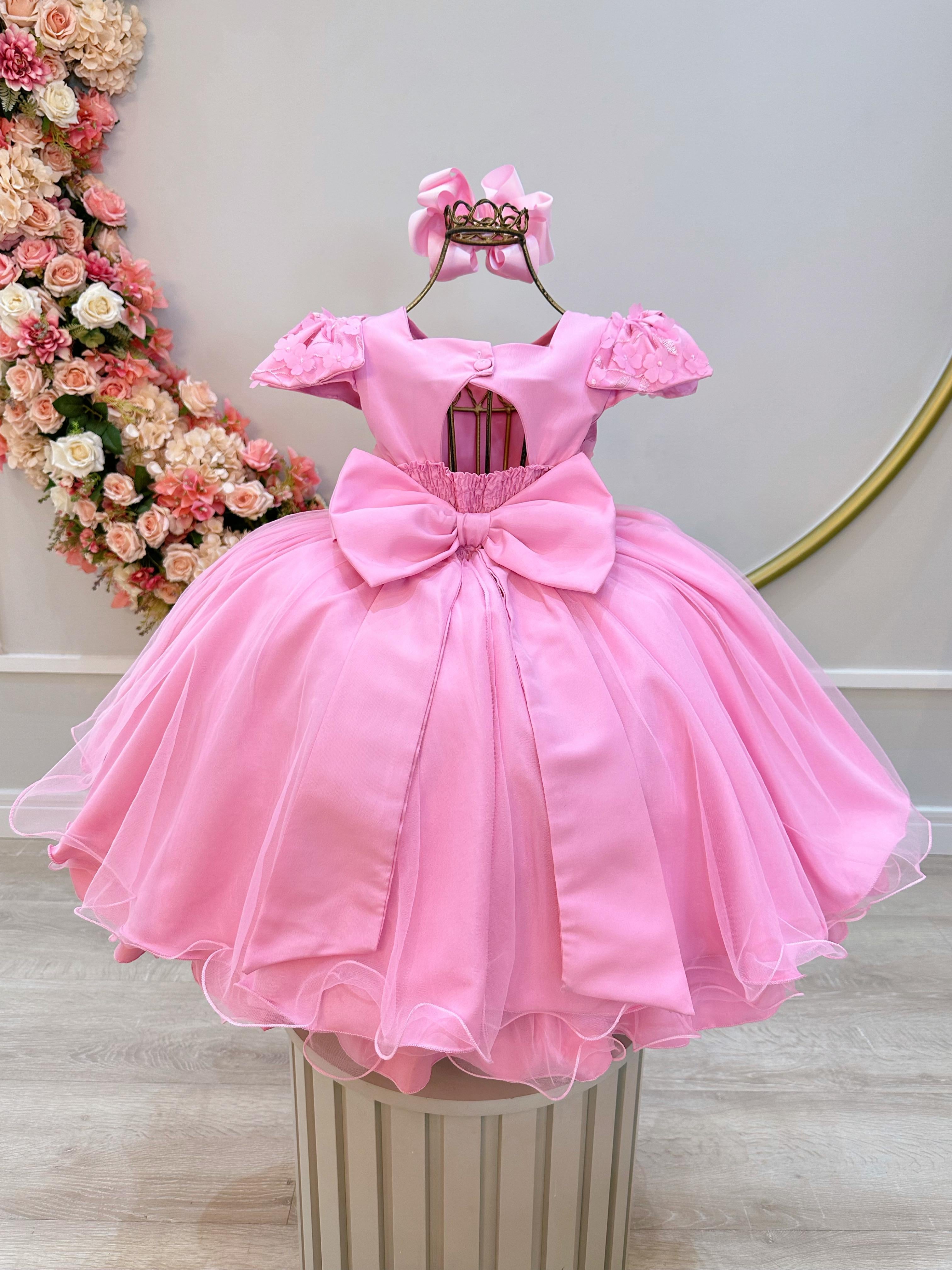 Vestido Infantil Rosa C/ Apliques de Flores e Renda Damas
