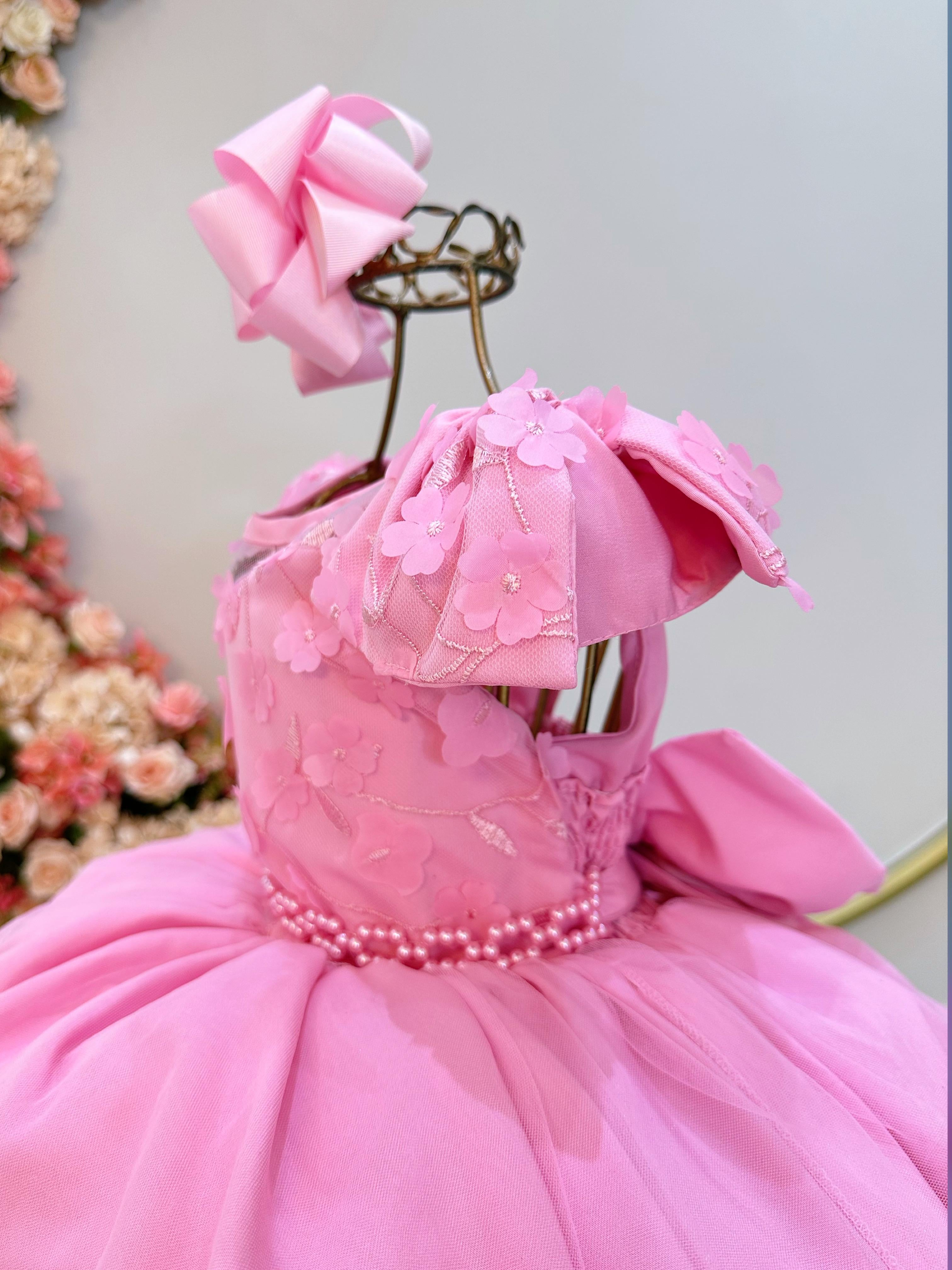 Vestido Infantil Rosa C/ Apliques de Flores e Renda Damas