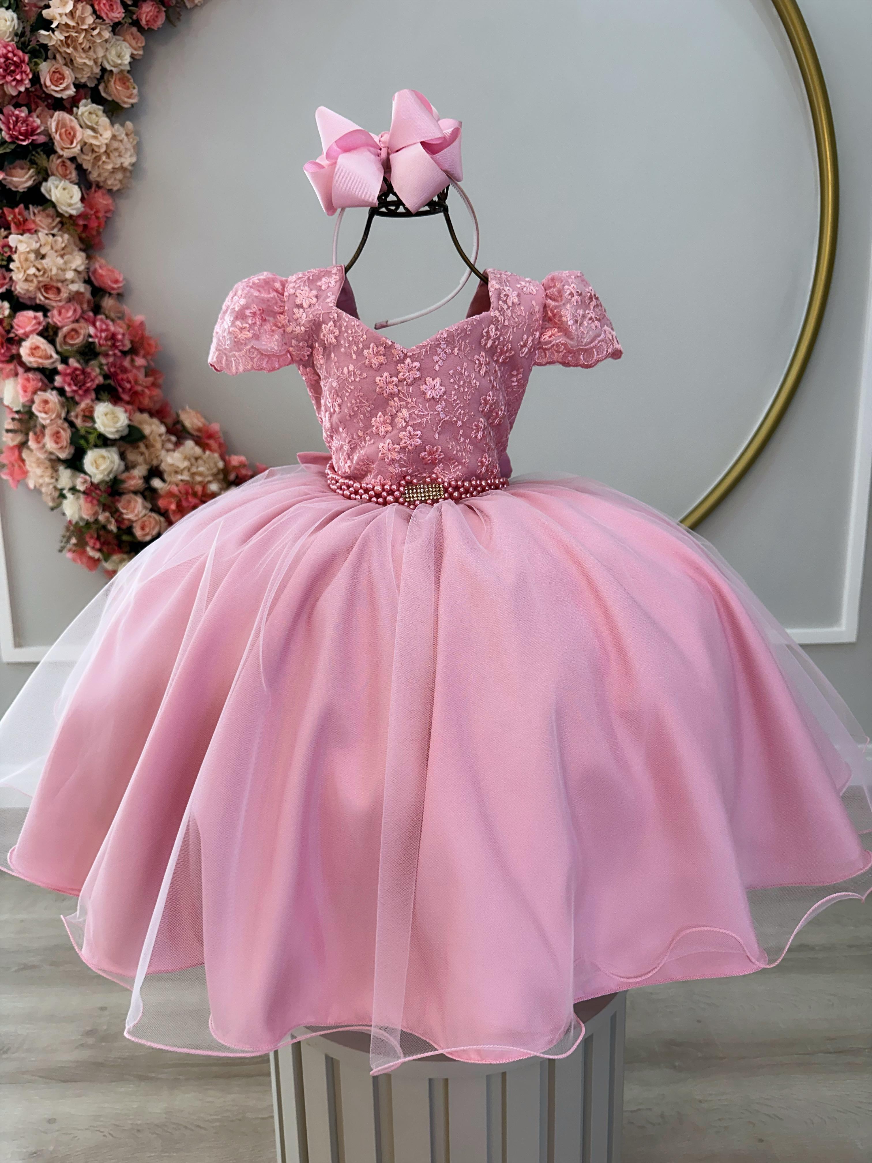 Vestido Infantil Rosa C/ Renda e Cinto de Pérolas Festas