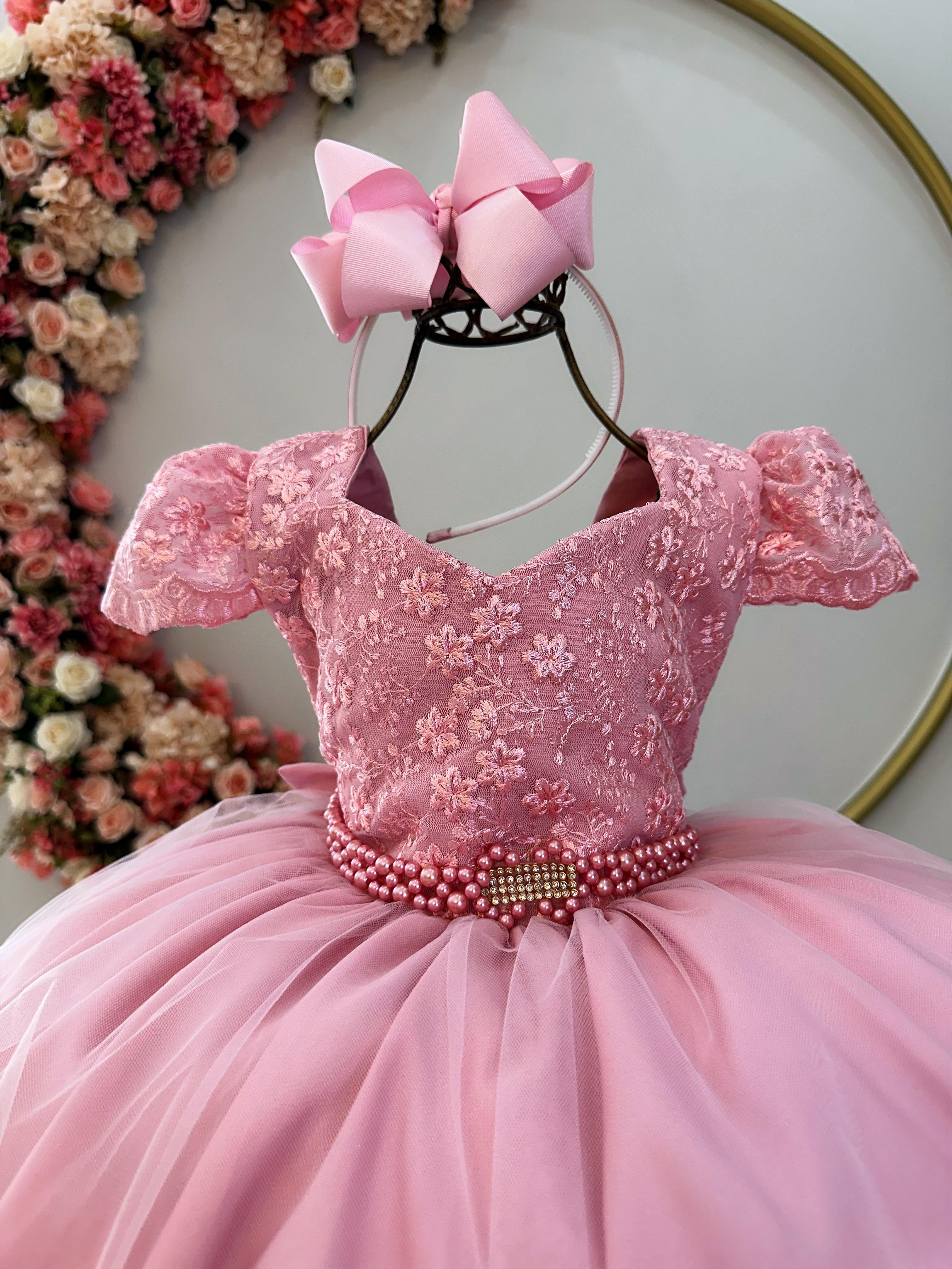 Vestido Infantil Rosa C/ Renda e Cinto de Pérolas Festas