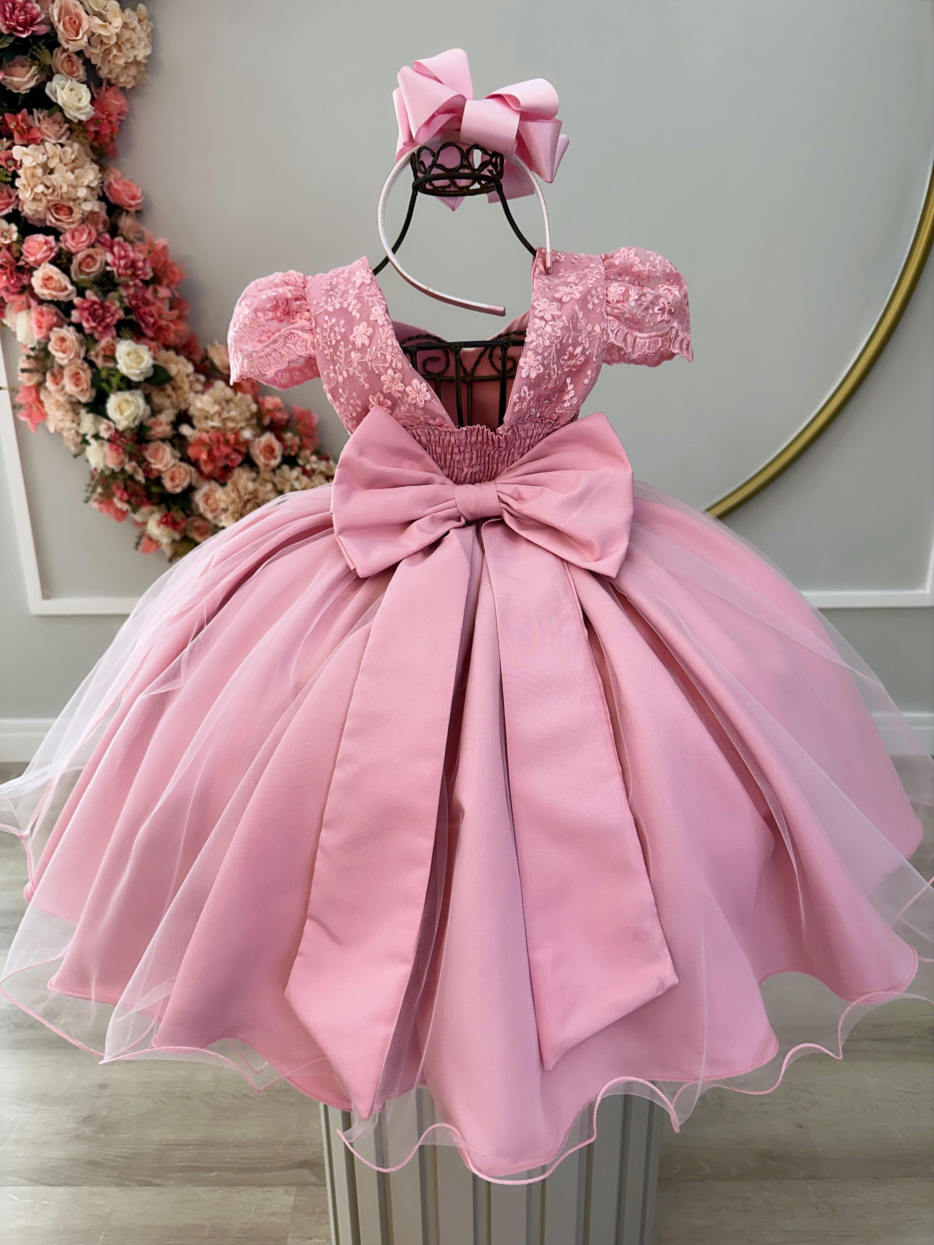 Vestido Infantil Rosa C/ Renda e Cinto de Pérolas Festas