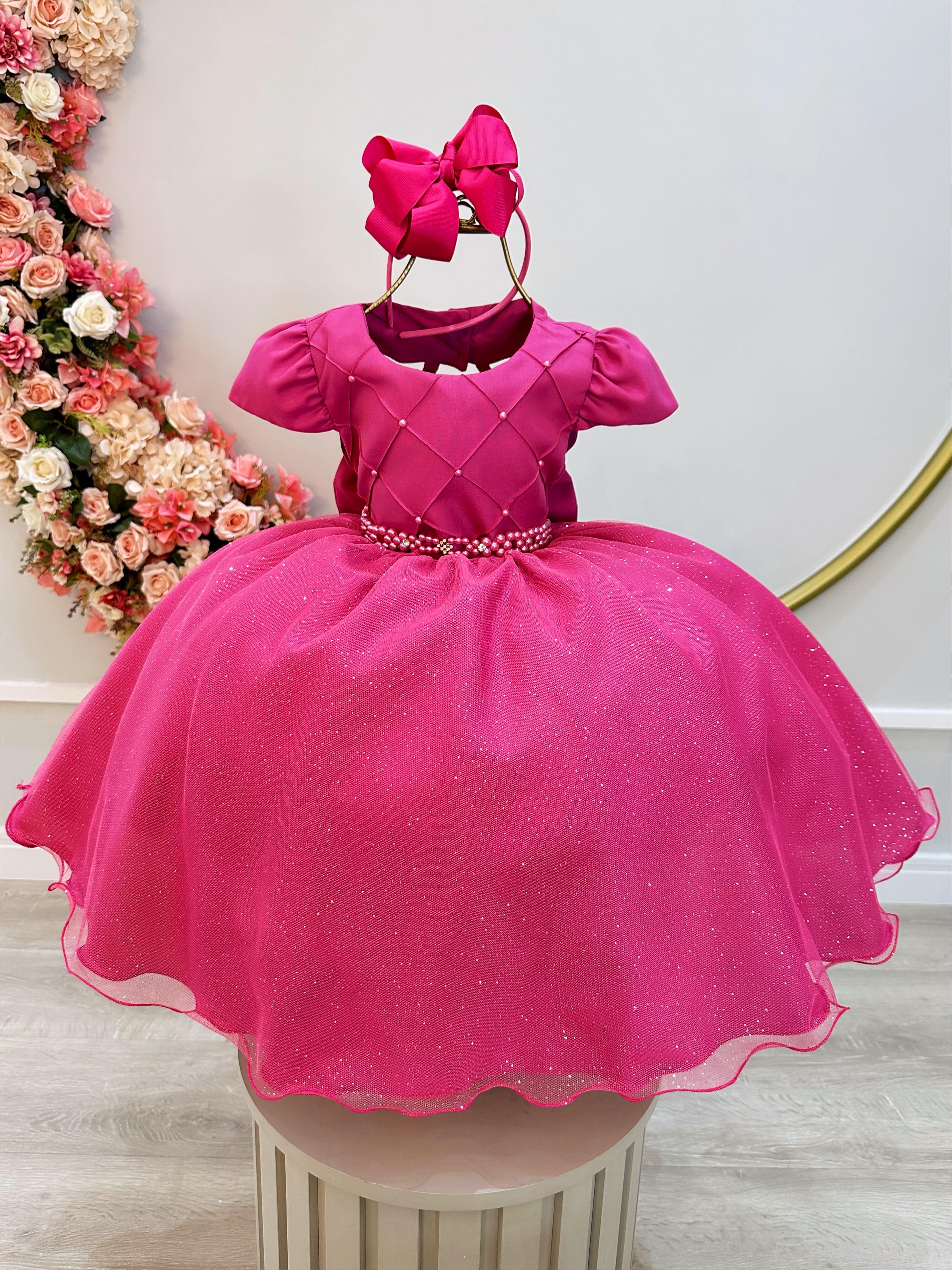 Vestido Infantil Rosa Escuro Busto Nervura Pérolas e Strass