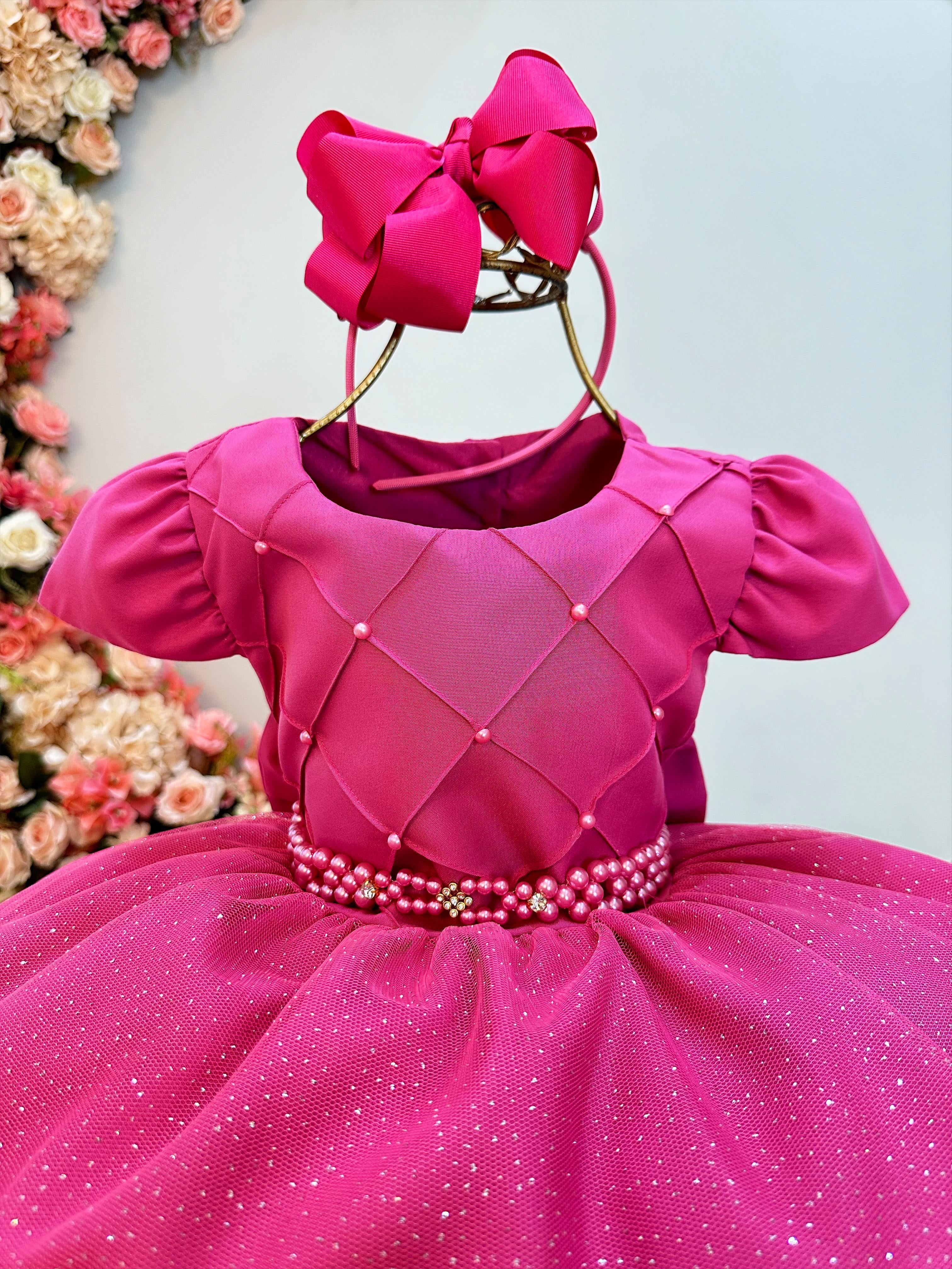 Vestido Infantil Rosa Escuro Busto Nervura Pérolas e Strass
