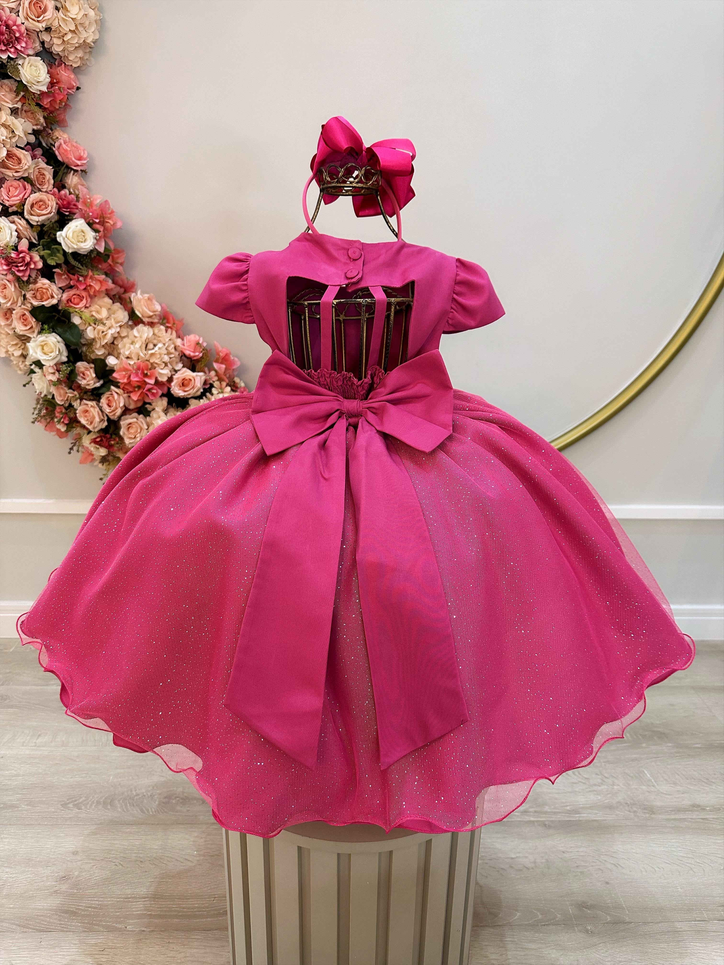 Vestido Infantil Rosa Escuro Busto Nervura Pérolas e Strass