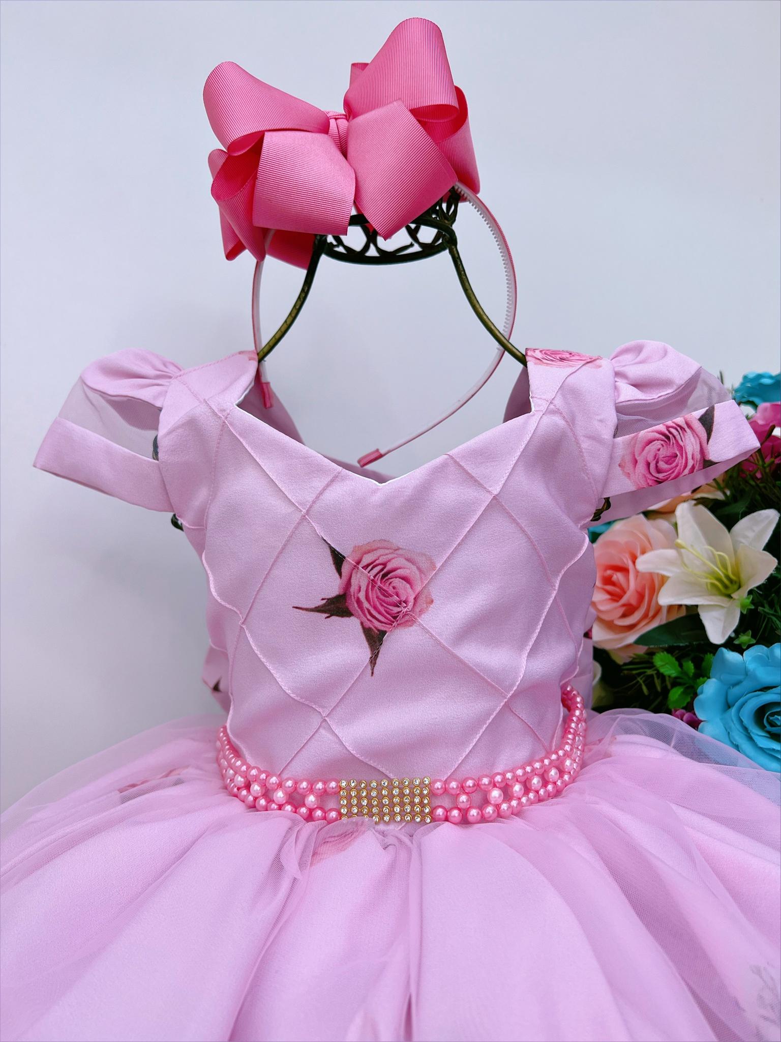 Vestido Infantil Rosa Floral Luxo Cinto Pérolas Strass