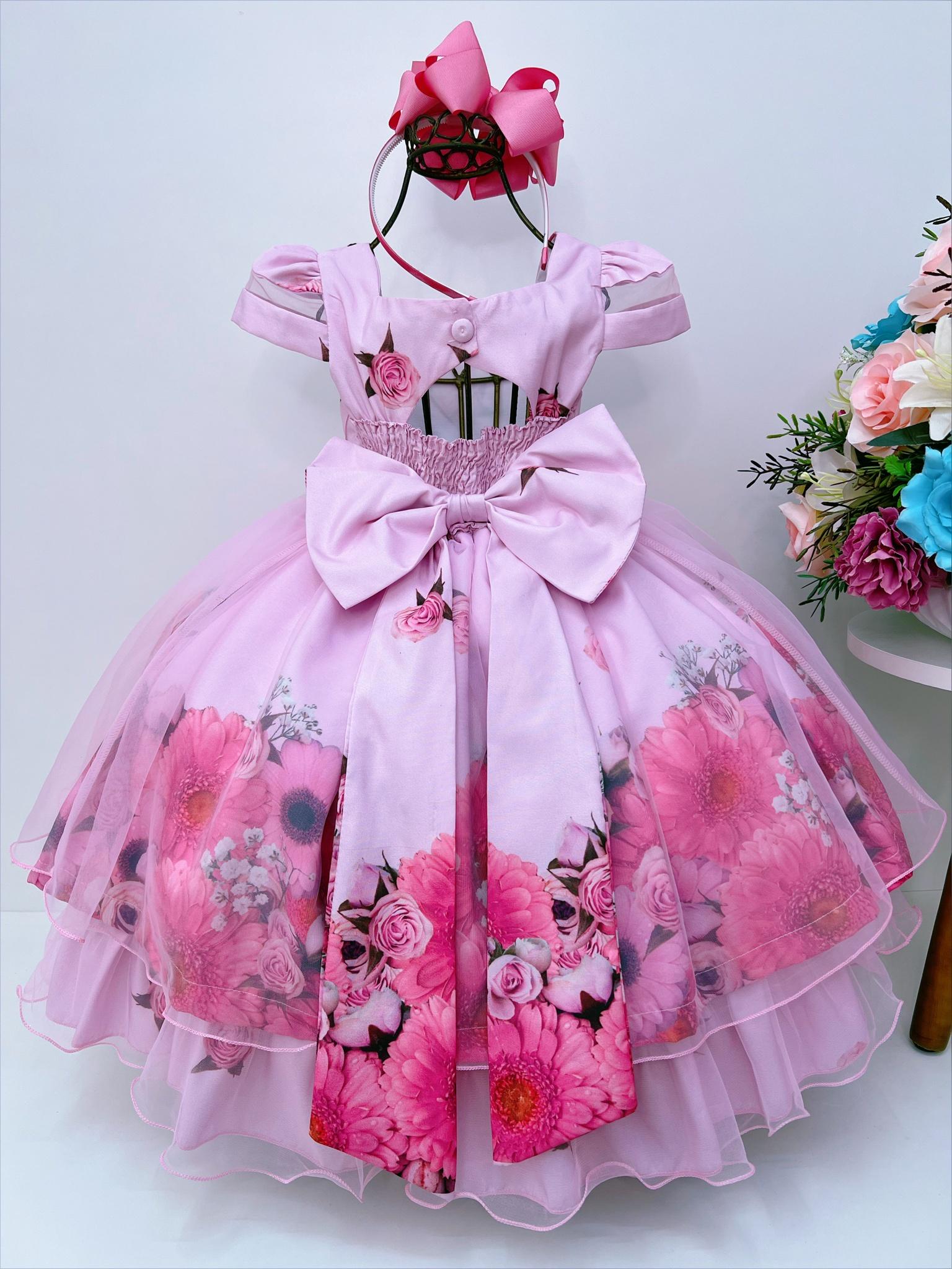 Vestido Infantil Rosa Floral Luxo Cinto Pérolas Strass