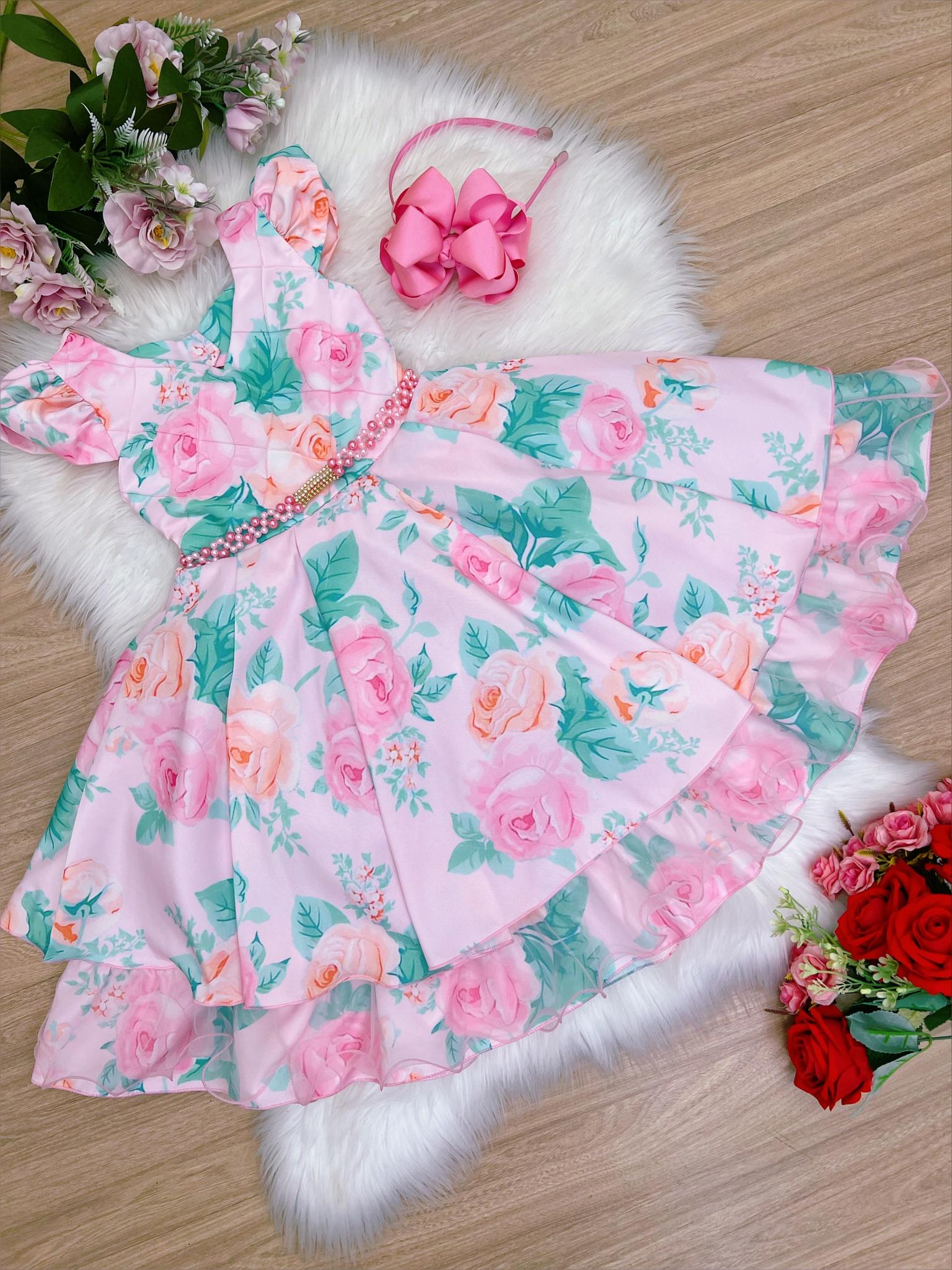 Vestido Infantil Rosa Florido C/ Pérolas e Strass Luxo