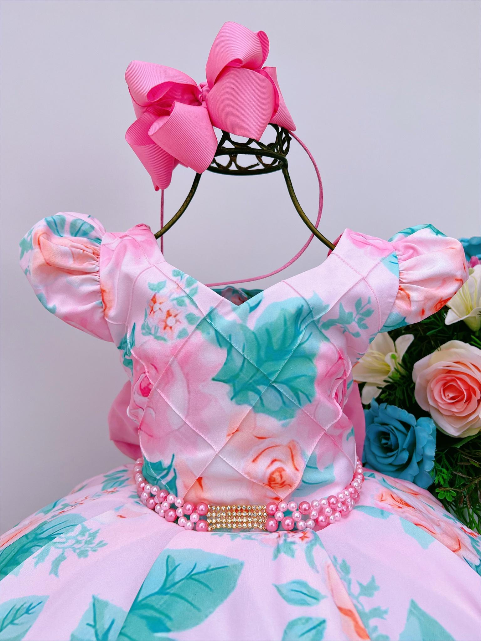 Vestido Infantil Rosa Florido C/ Pérolas e Strass Luxo
