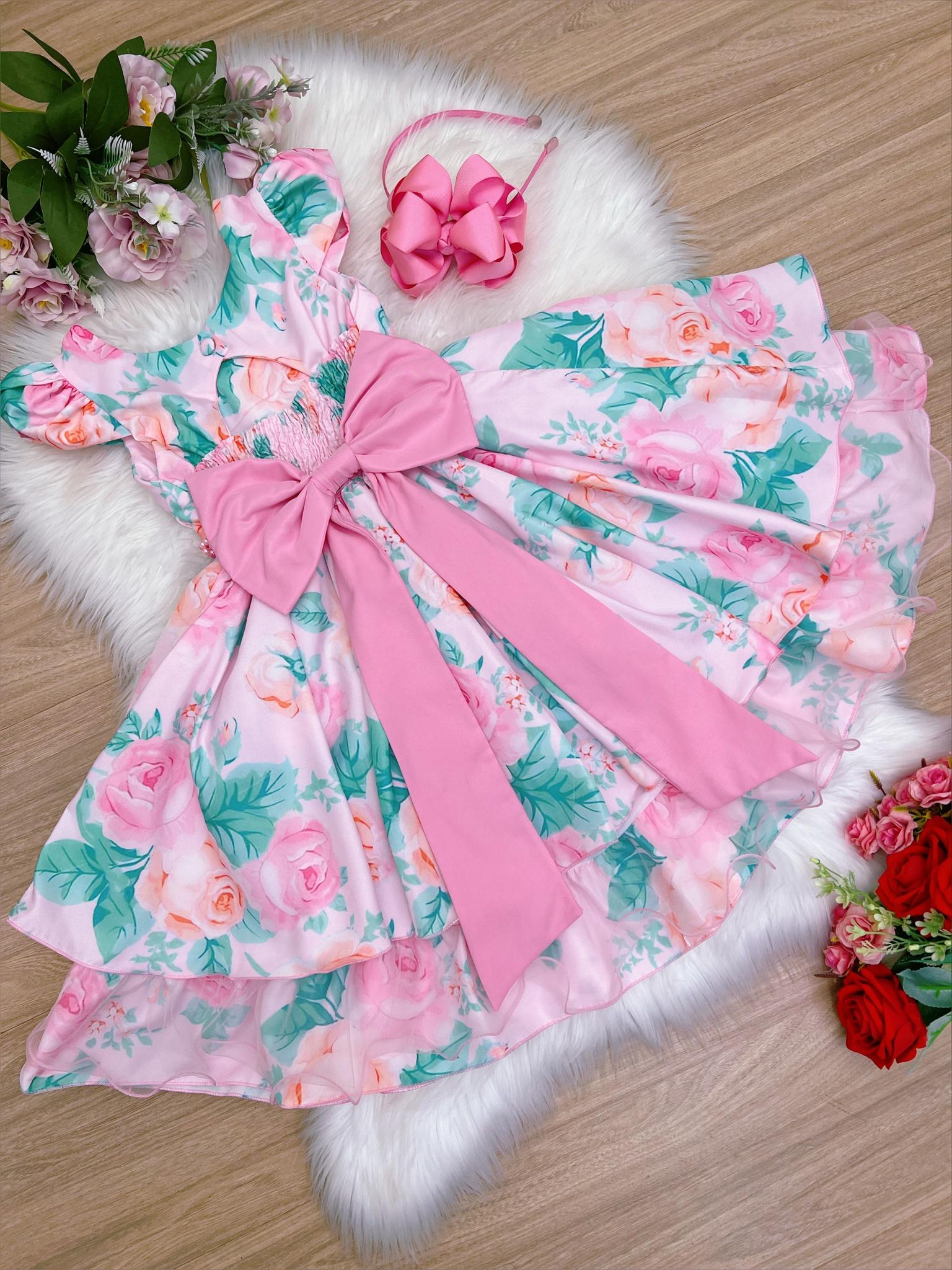 Vestido Infantil Rosa Florido C/ Pérolas e Strass Luxo