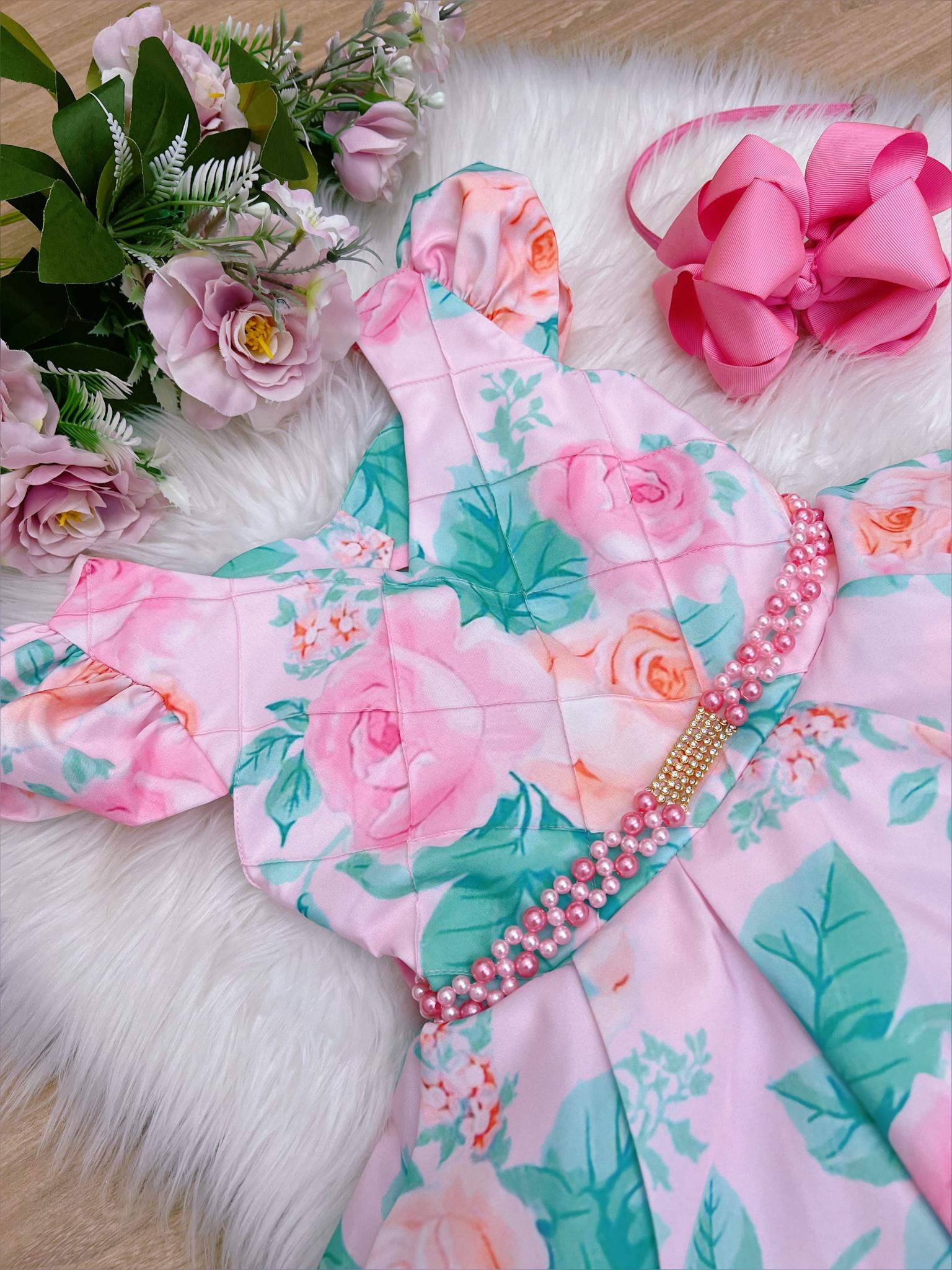 Vestido Infantil Rosa Florido C/ Pérolas e Strass Luxo