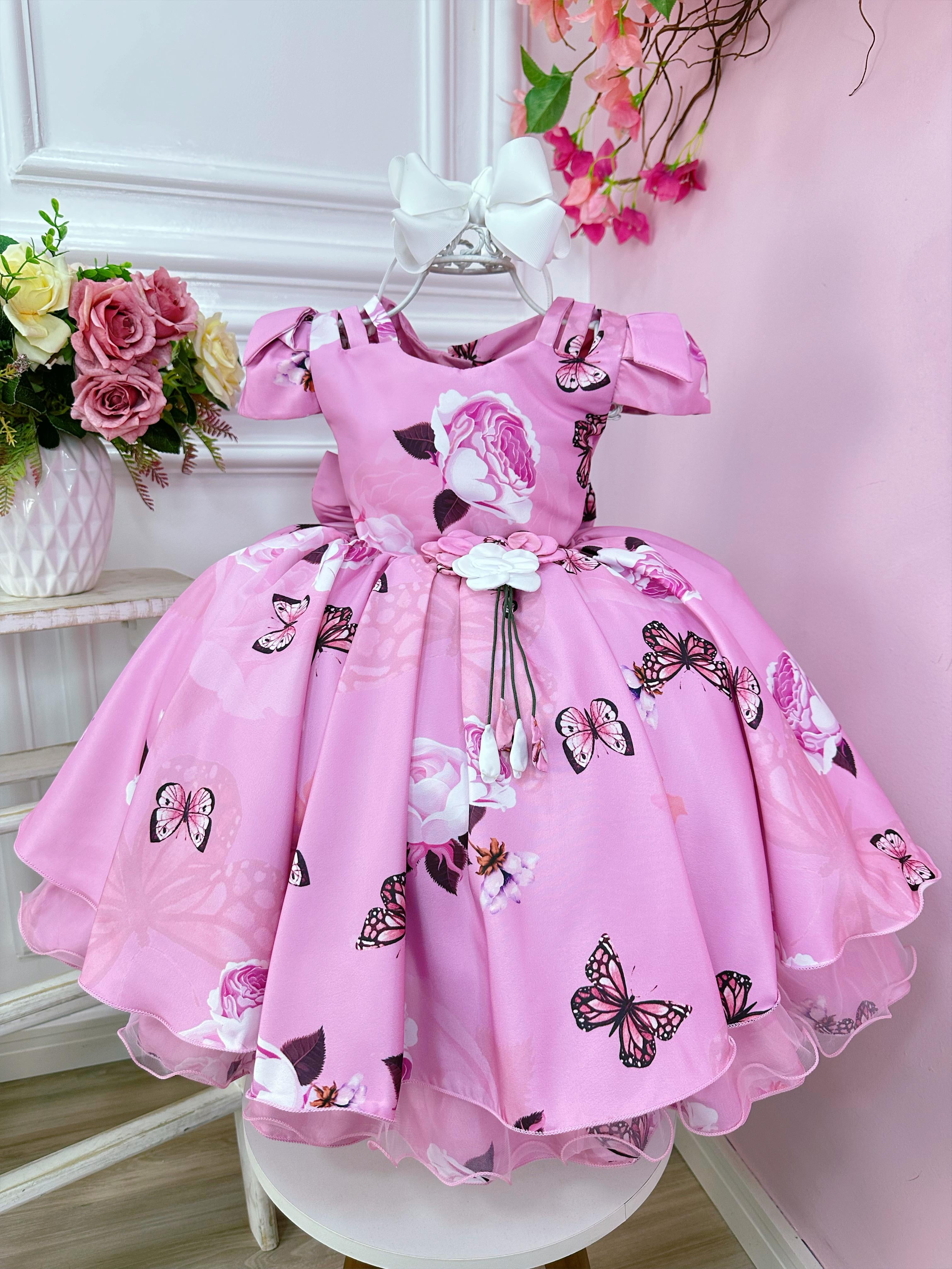 Vestido Infantil Rosa Jardim das Borboletas Broche Flor Luxo