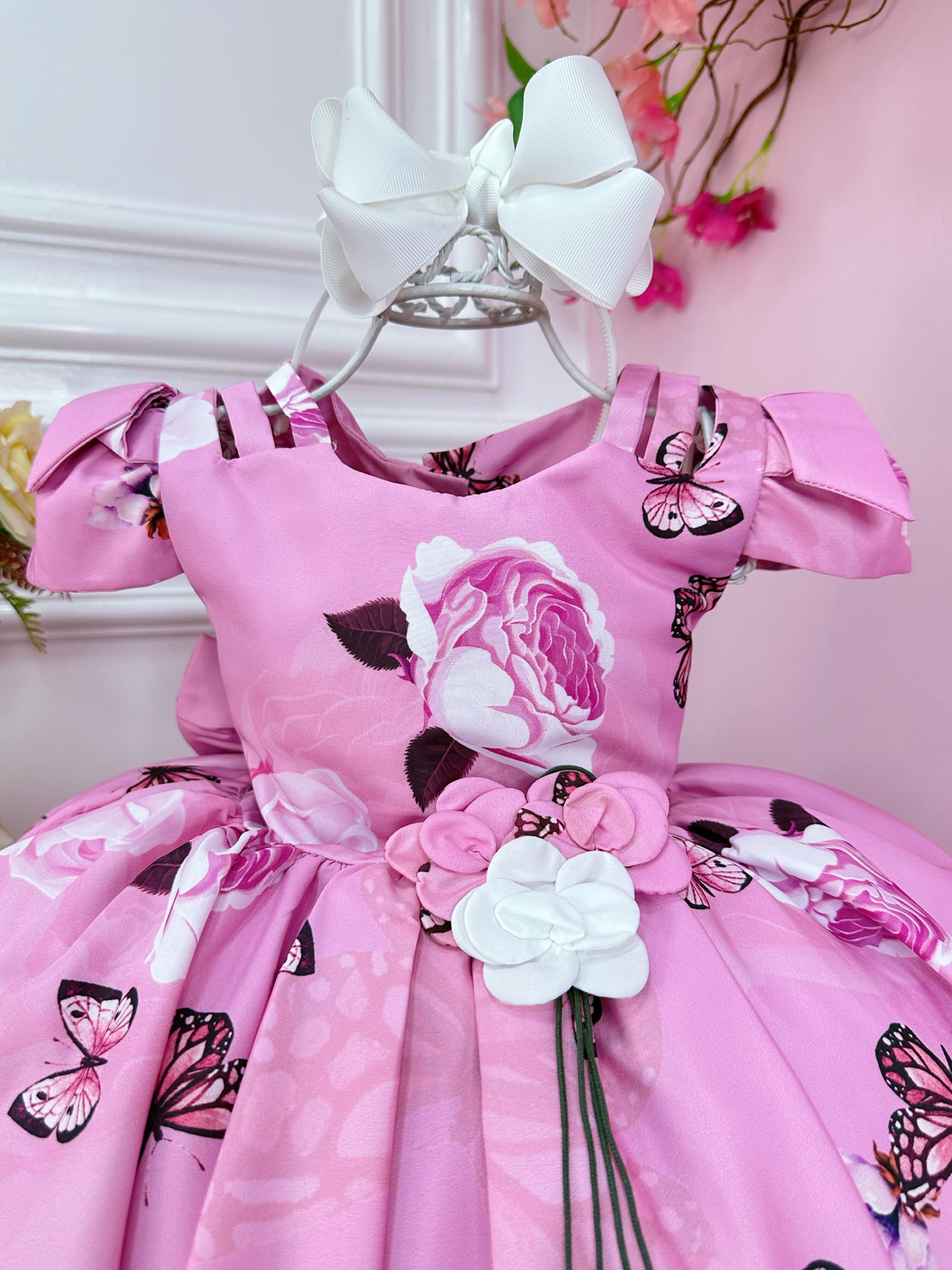 Vestido Infantil Rosa Jardim das Borboletas Broche Flor Luxo