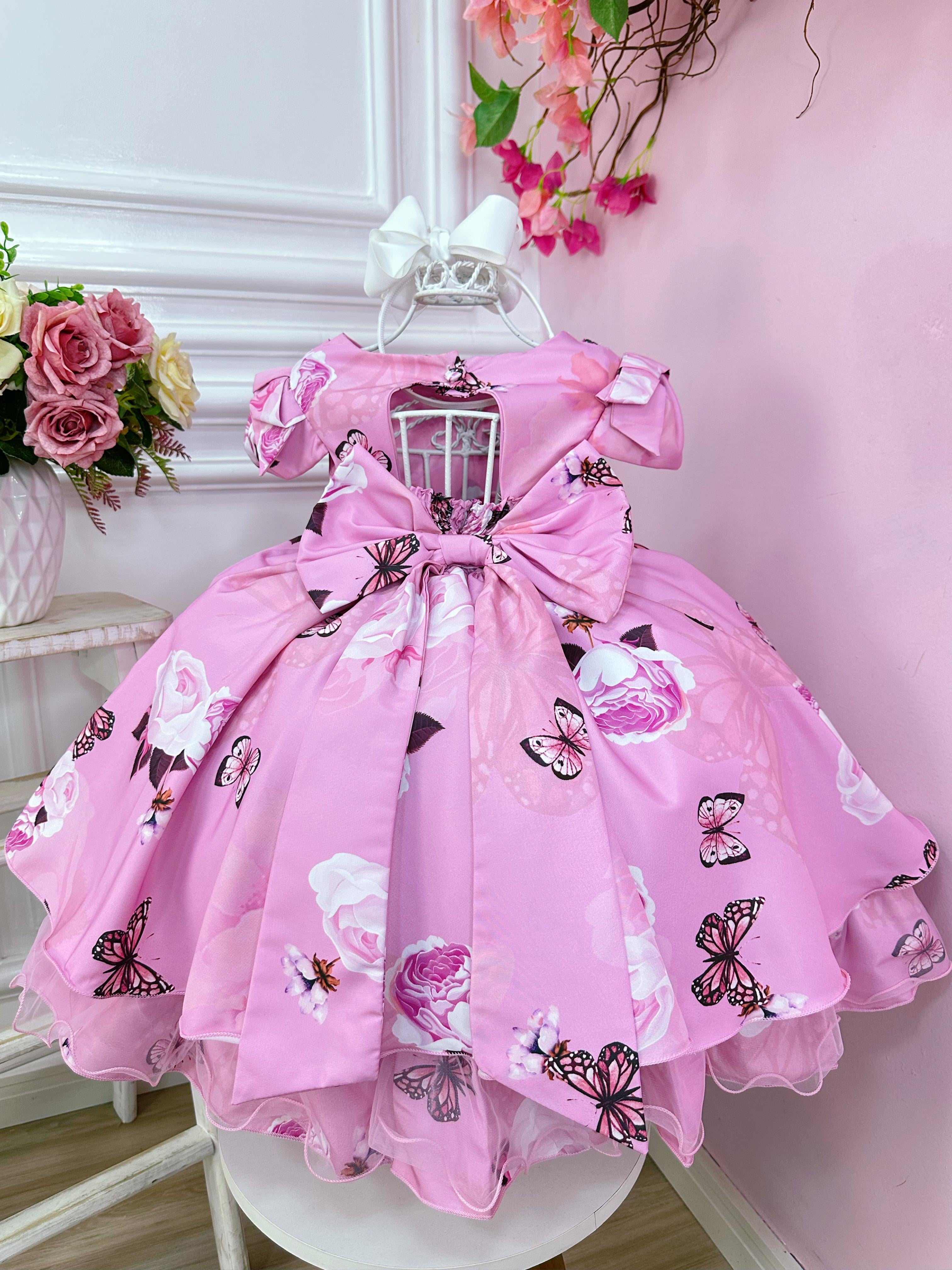 Vestido Infantil Rosa Jardim das Borboletas Broche Flor Luxo