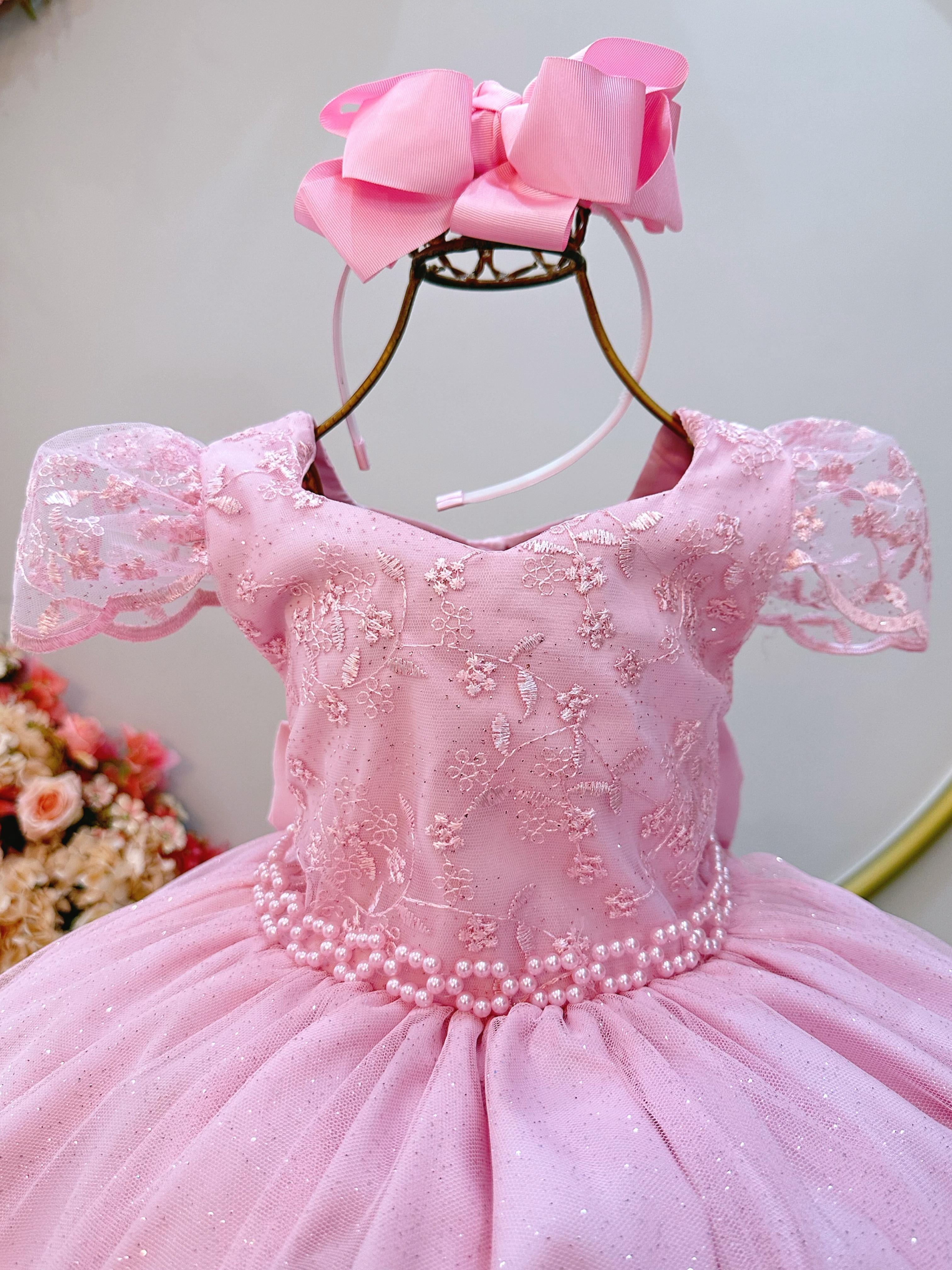Vestido Infantil Rosa Renda Cinto de Pérolas Festas