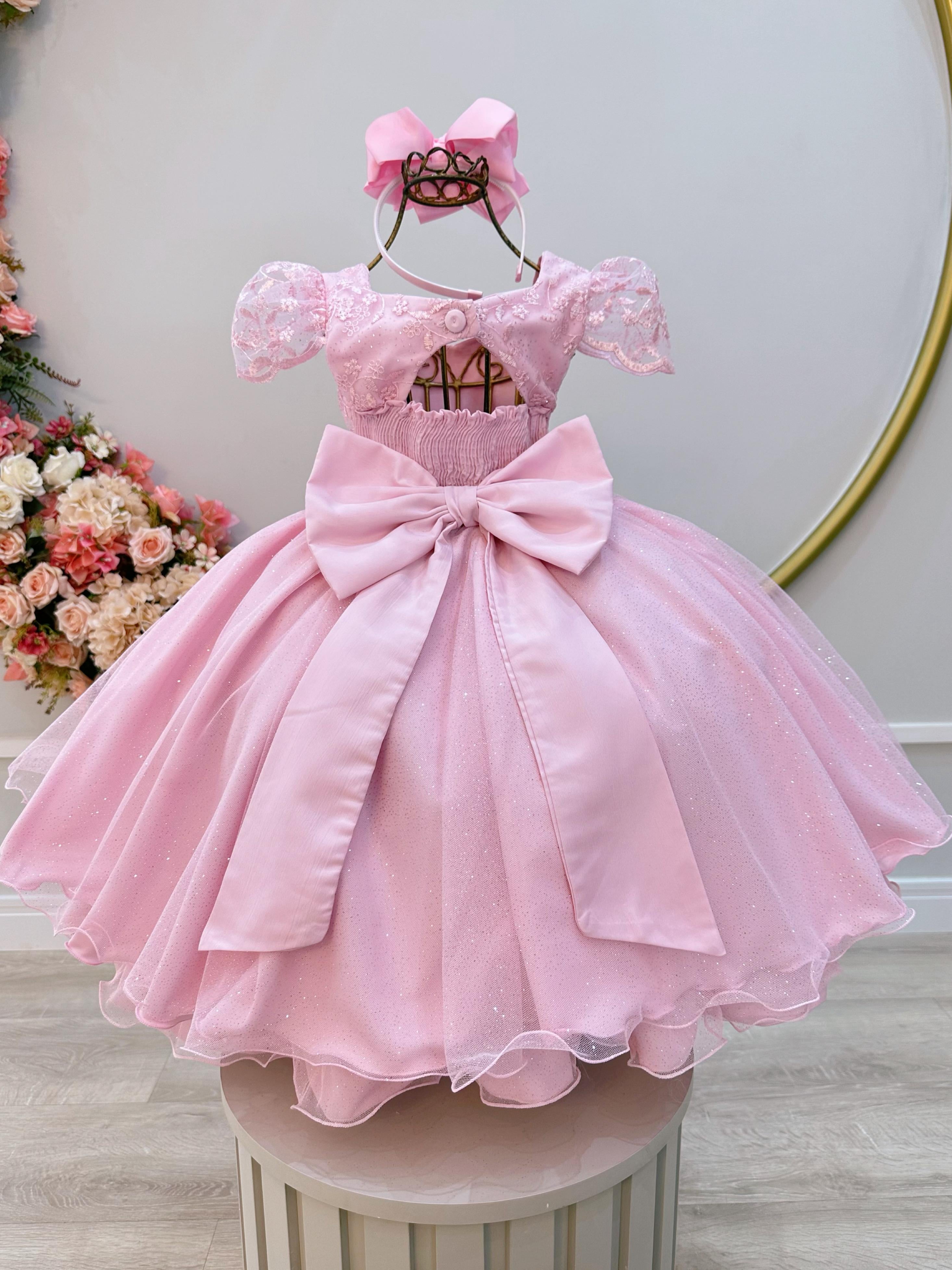 Vestido Infantil Rosa Renda Cinto de Pérolas Festas