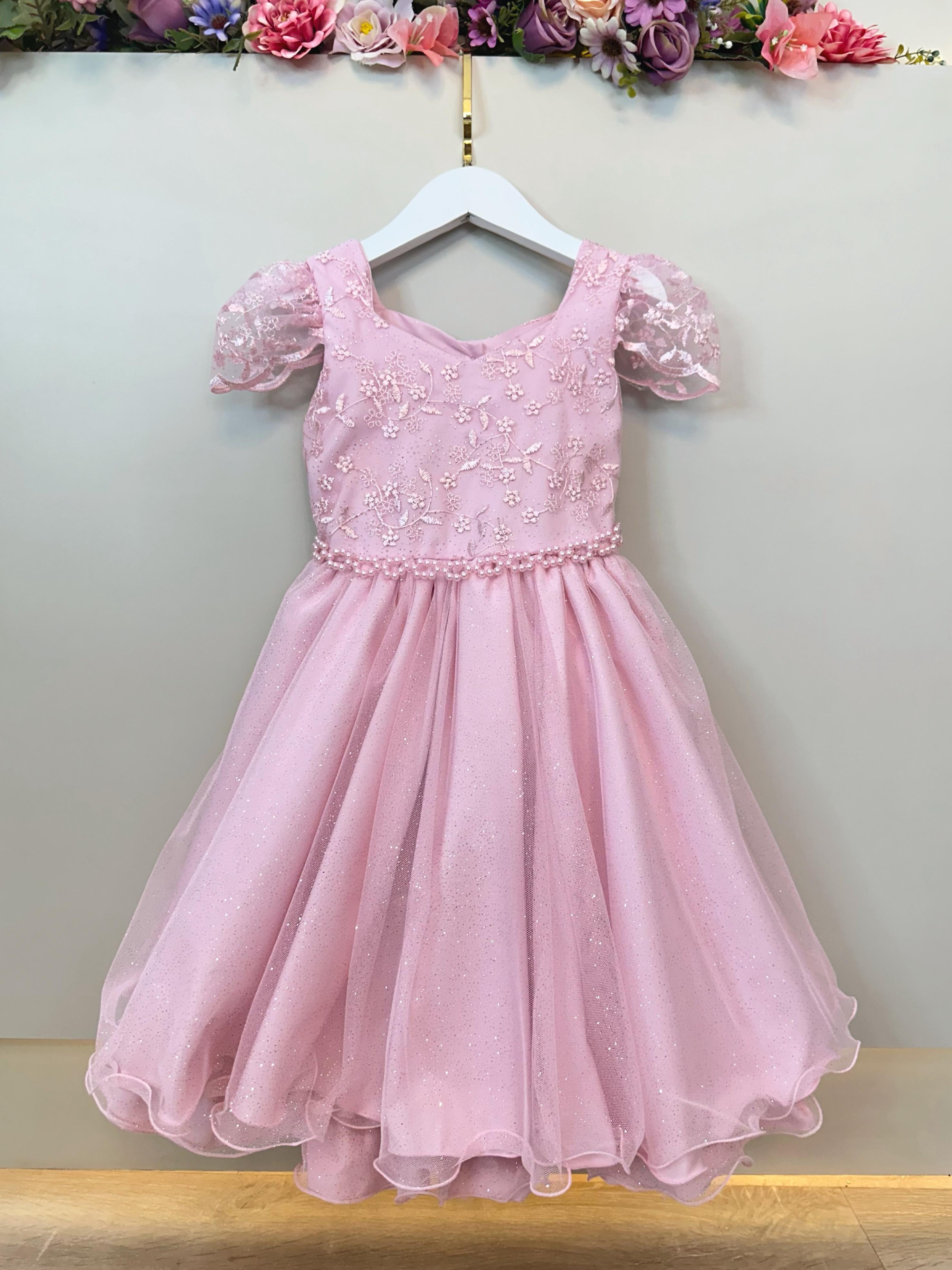 Vestido Infantil Rosa Renda Cinto de Pérolas Festas