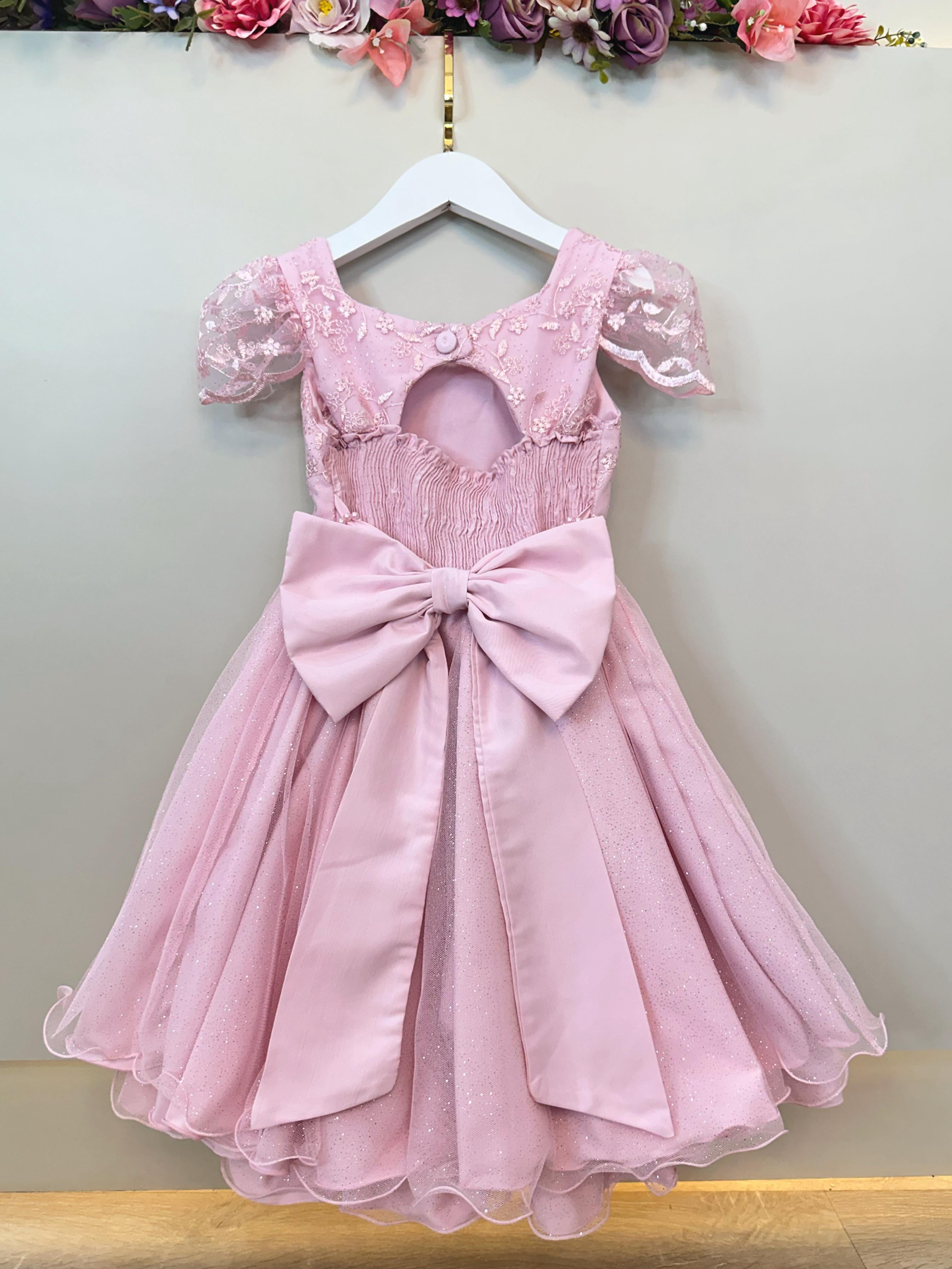 Vestido Infantil Rosa Renda Cinto de Pérolas Festas
