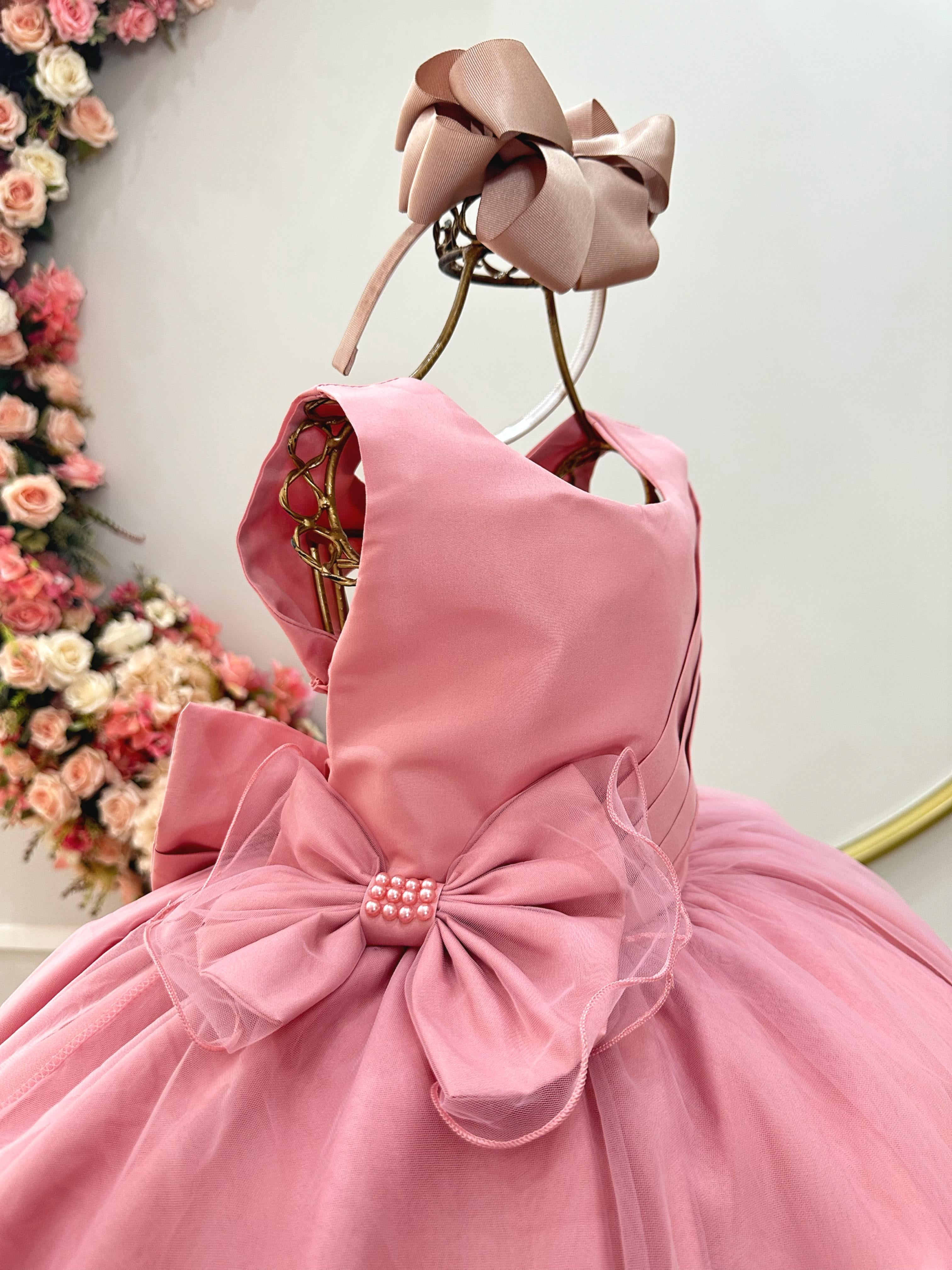 Vestido Infantil Rose Busto Drapeado Aplique Laço Damas
