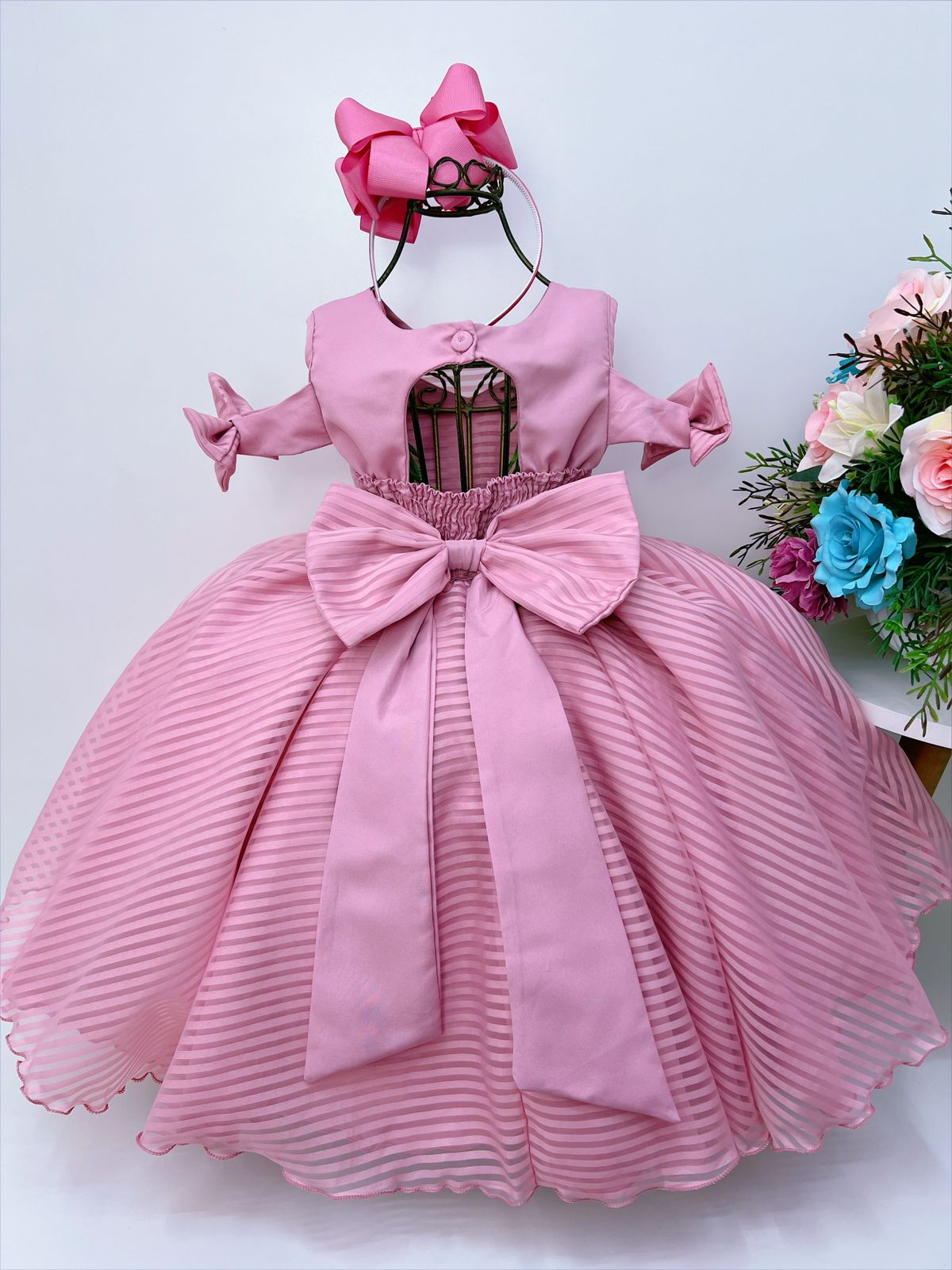 Vestido Infantil Rosê C/ Cinto de Pérolas Strass Luxo