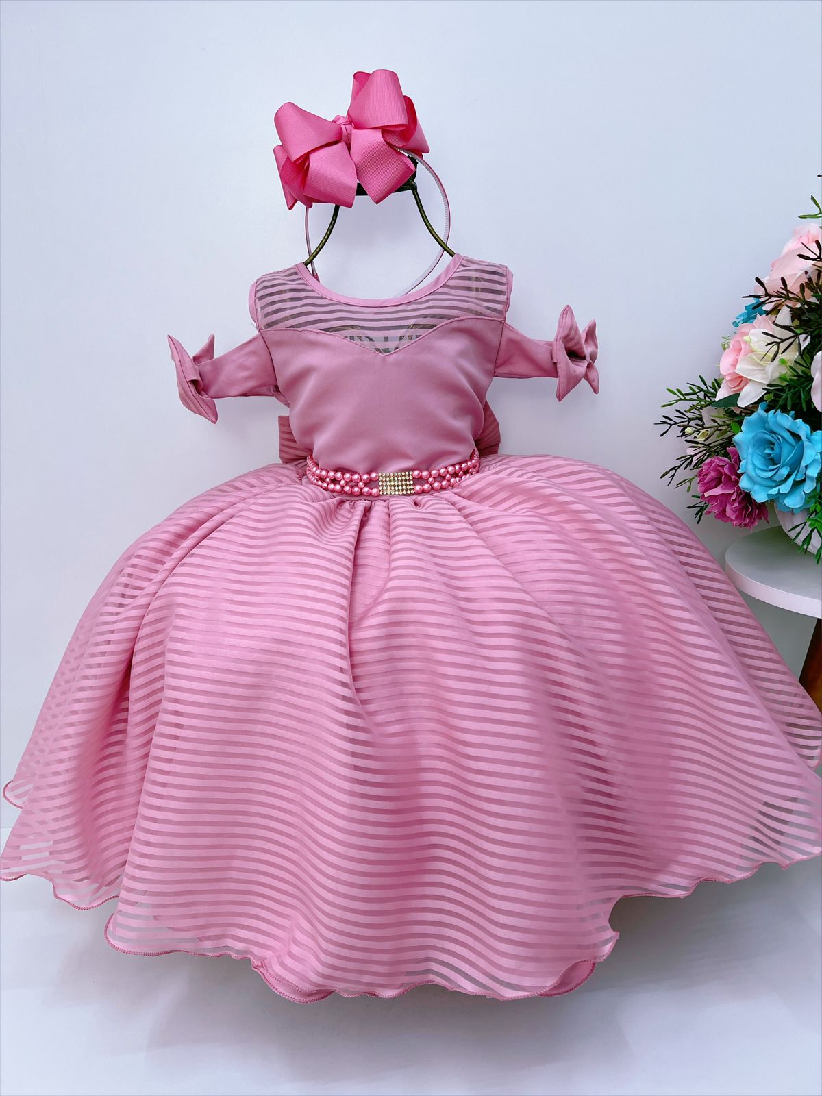 Vestido Infantil Rosê C/ Cinto de Pérolas Strass Luxo
