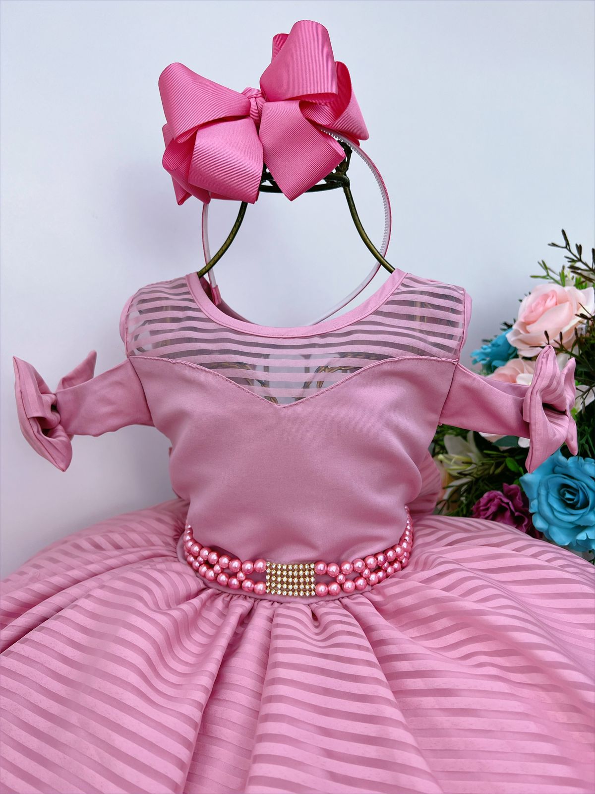 Vestido Infantil Rosê C/ Cinto de Pérolas Strass Luxo