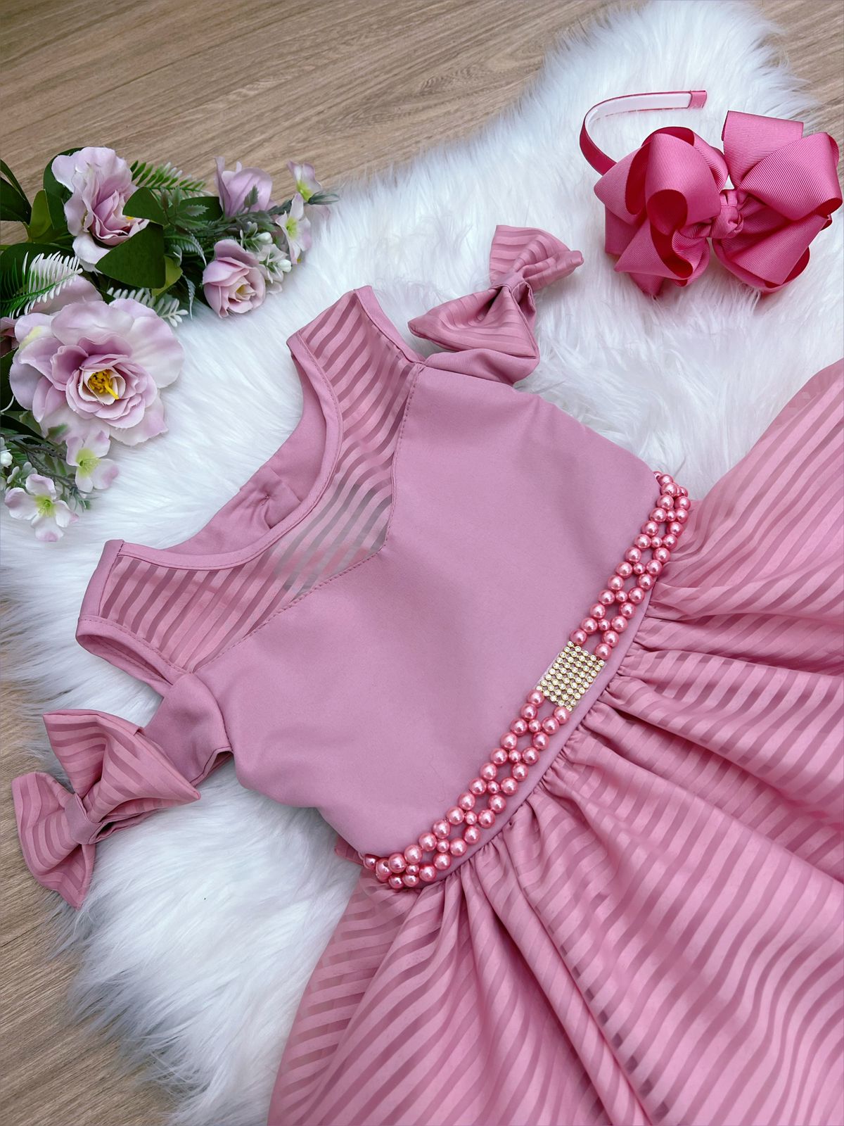 Vestido Infantil Rosê C/ Cinto de Pérolas Strass Luxo