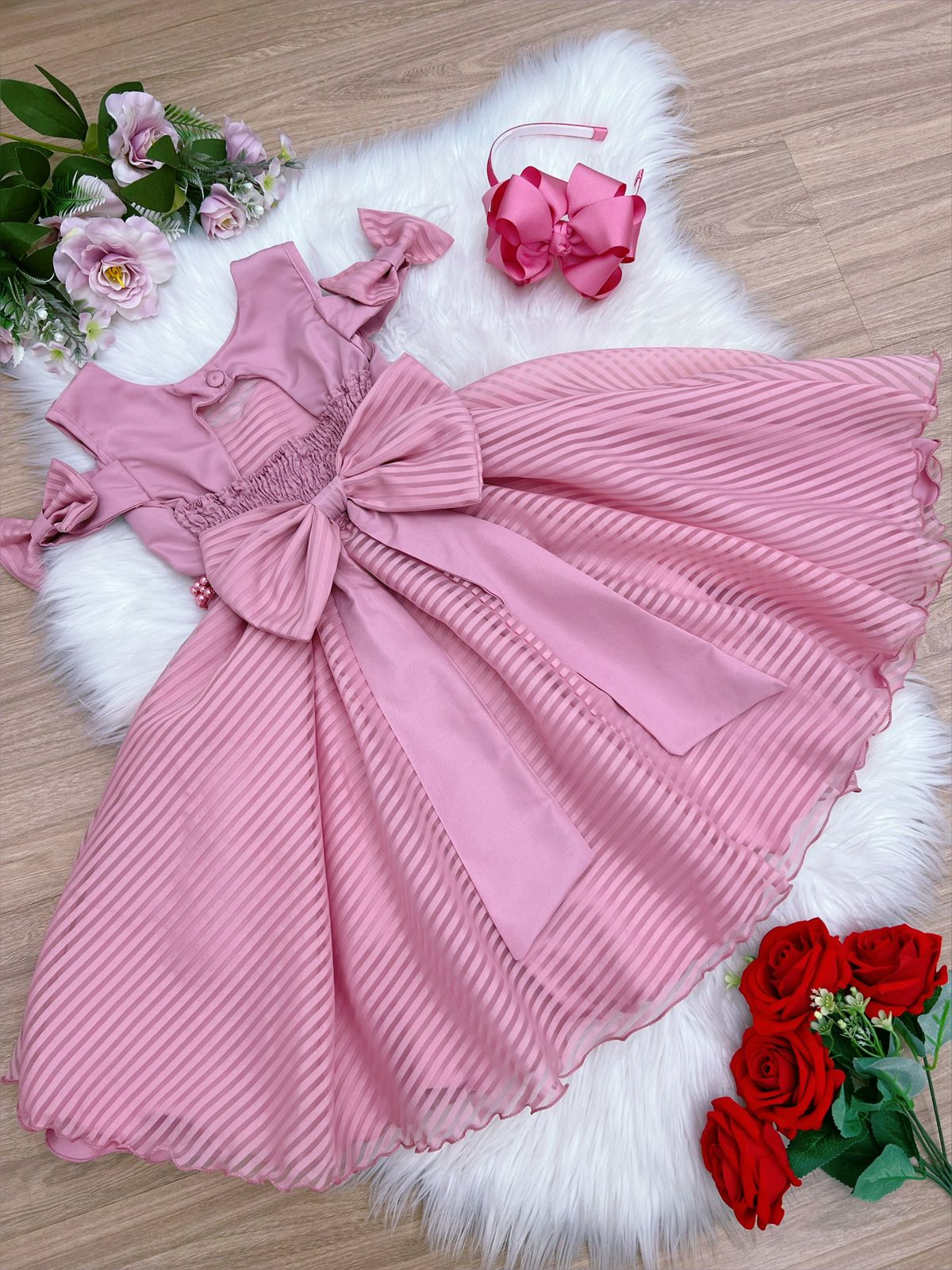 Vestido Infantil Rosê C/ Cinto de Pérolas Strass Luxo