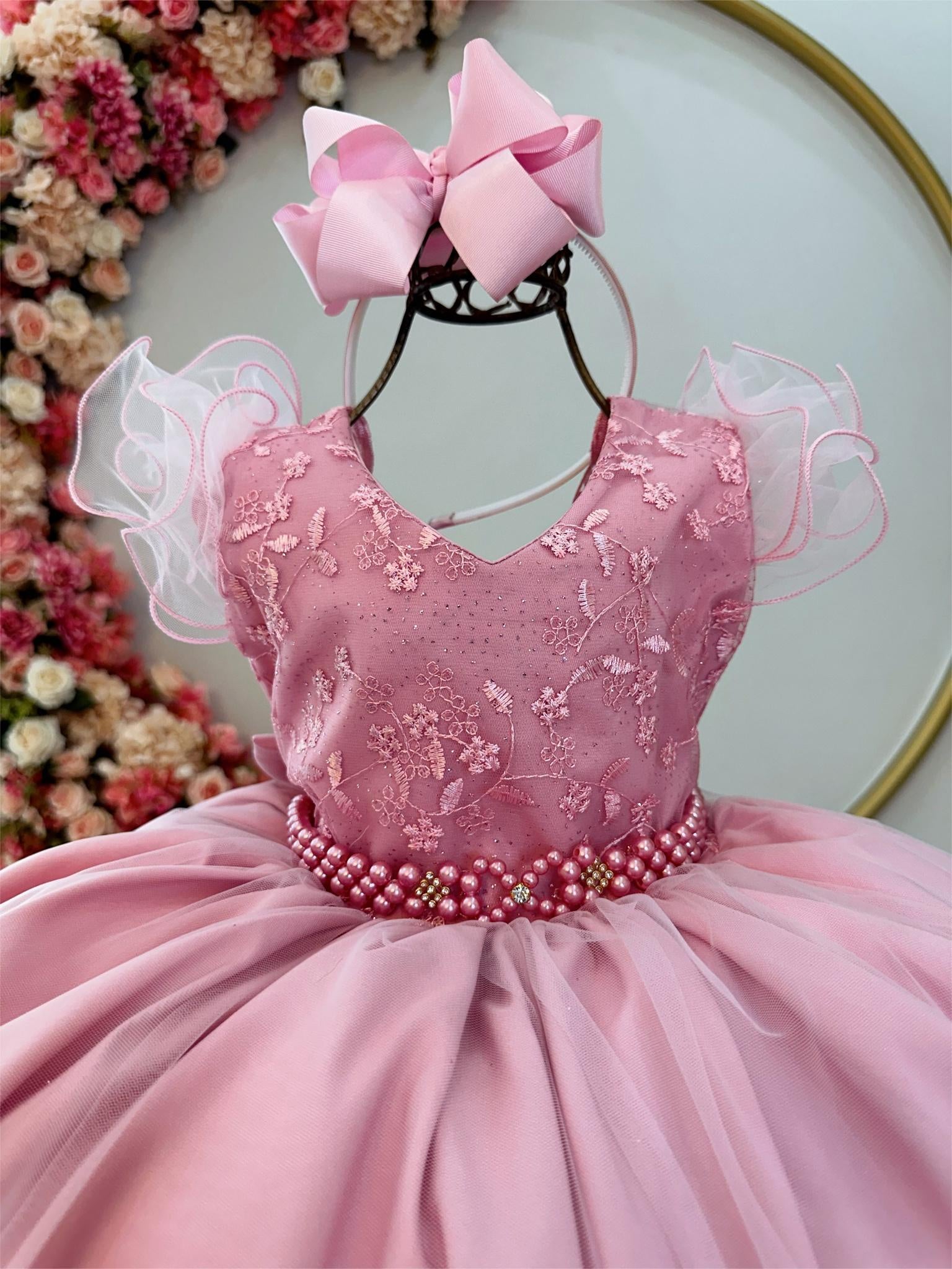 Vestido Infantil Rose C/ Renda e Pérolas Strass Damas