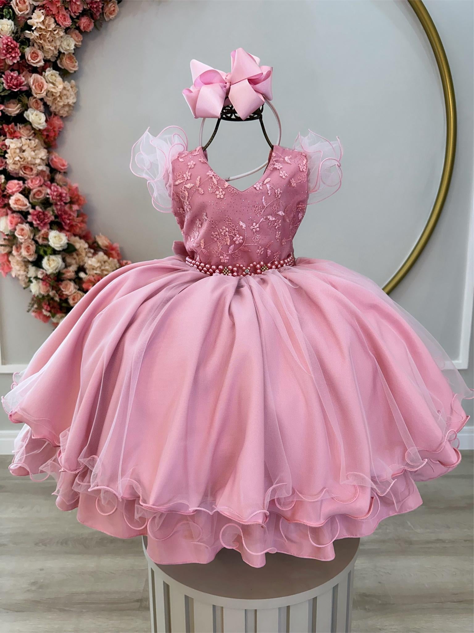 Vestido Infantil Rose C/ Renda e Pérolas Strass Damas