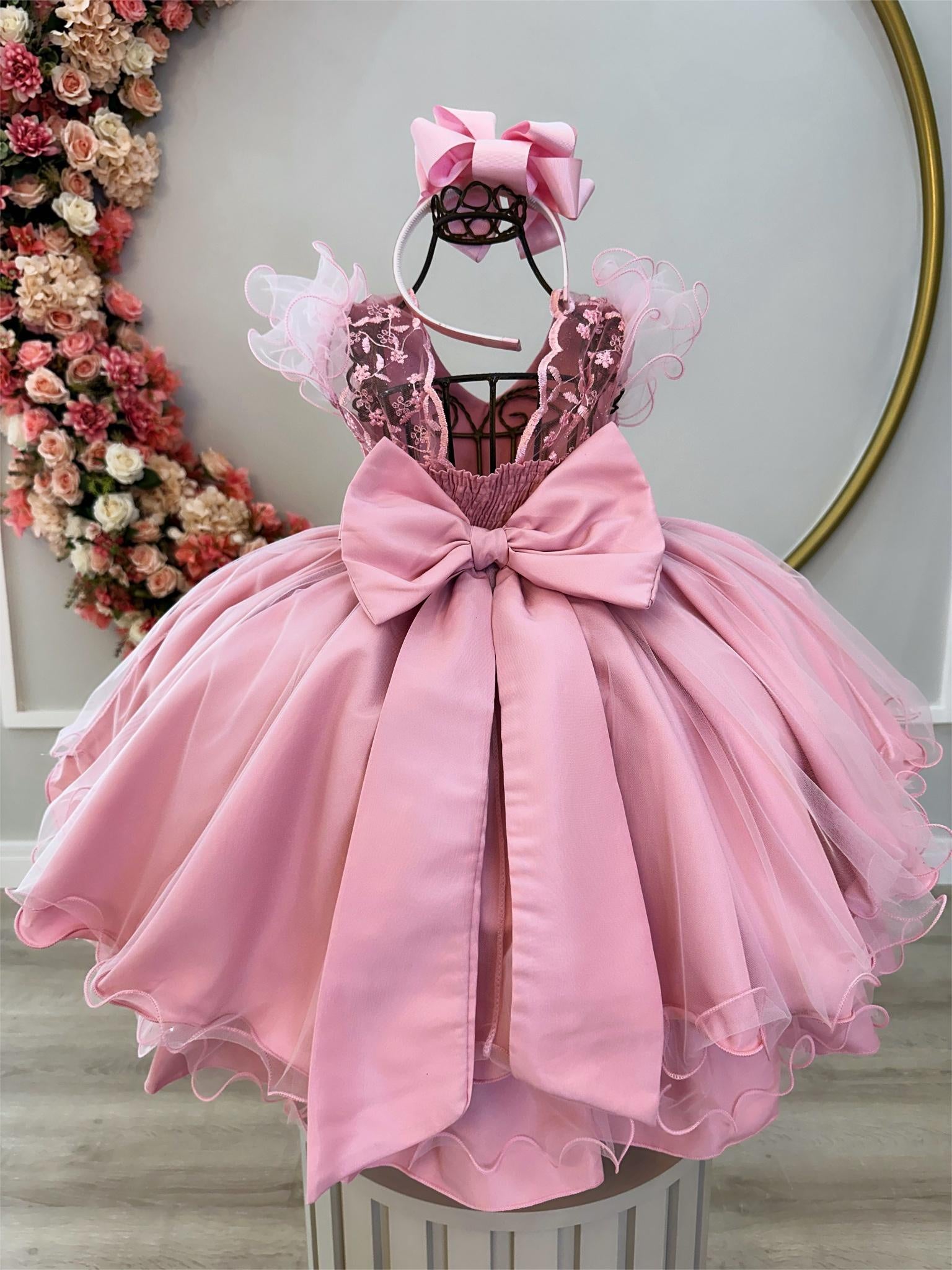 Vestido Infantil Rose C/ Renda e Pérolas Strass Damas