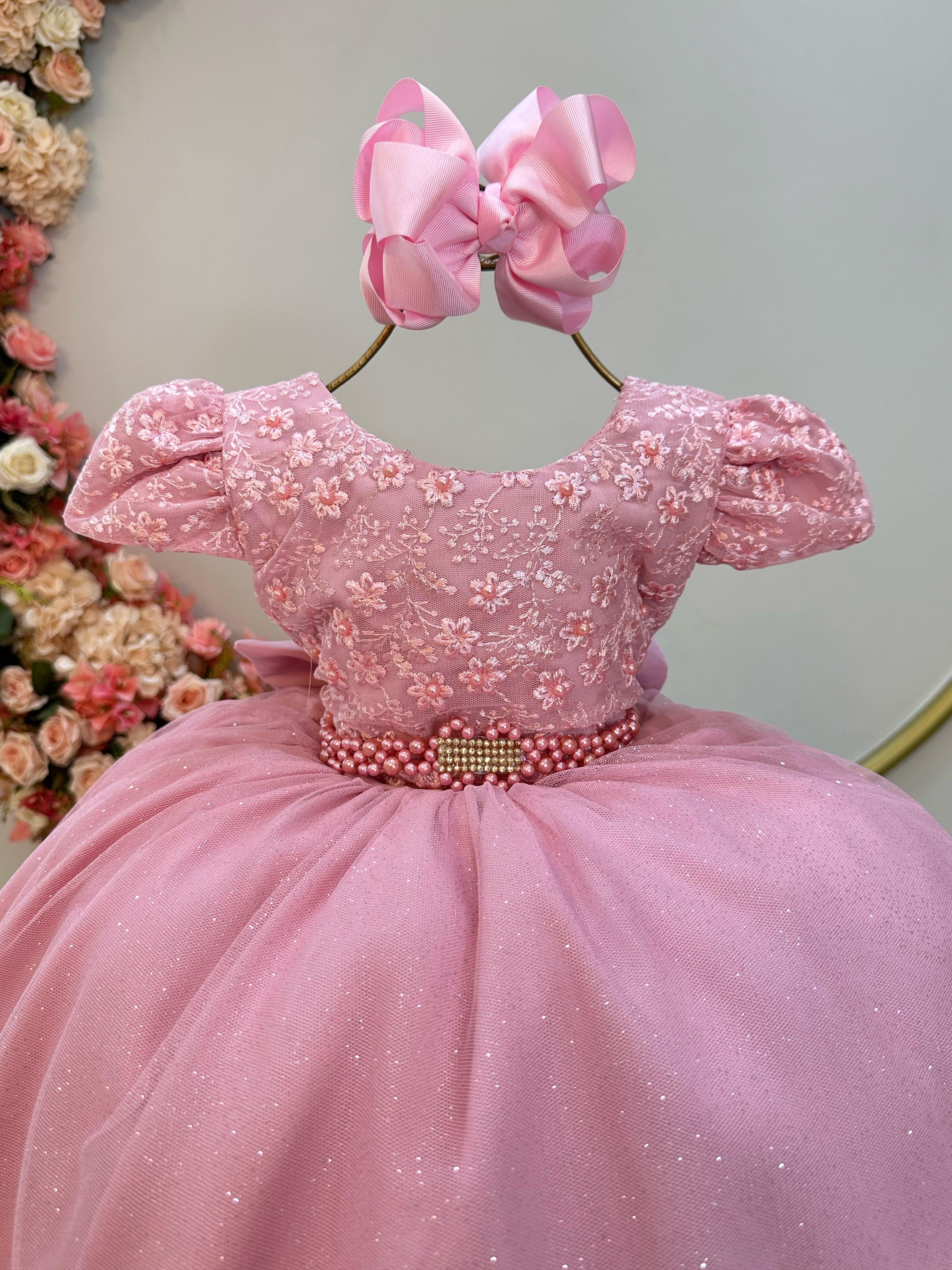 Vestido Infantil Rose Com Renda Cinto de Pérolas e Strass