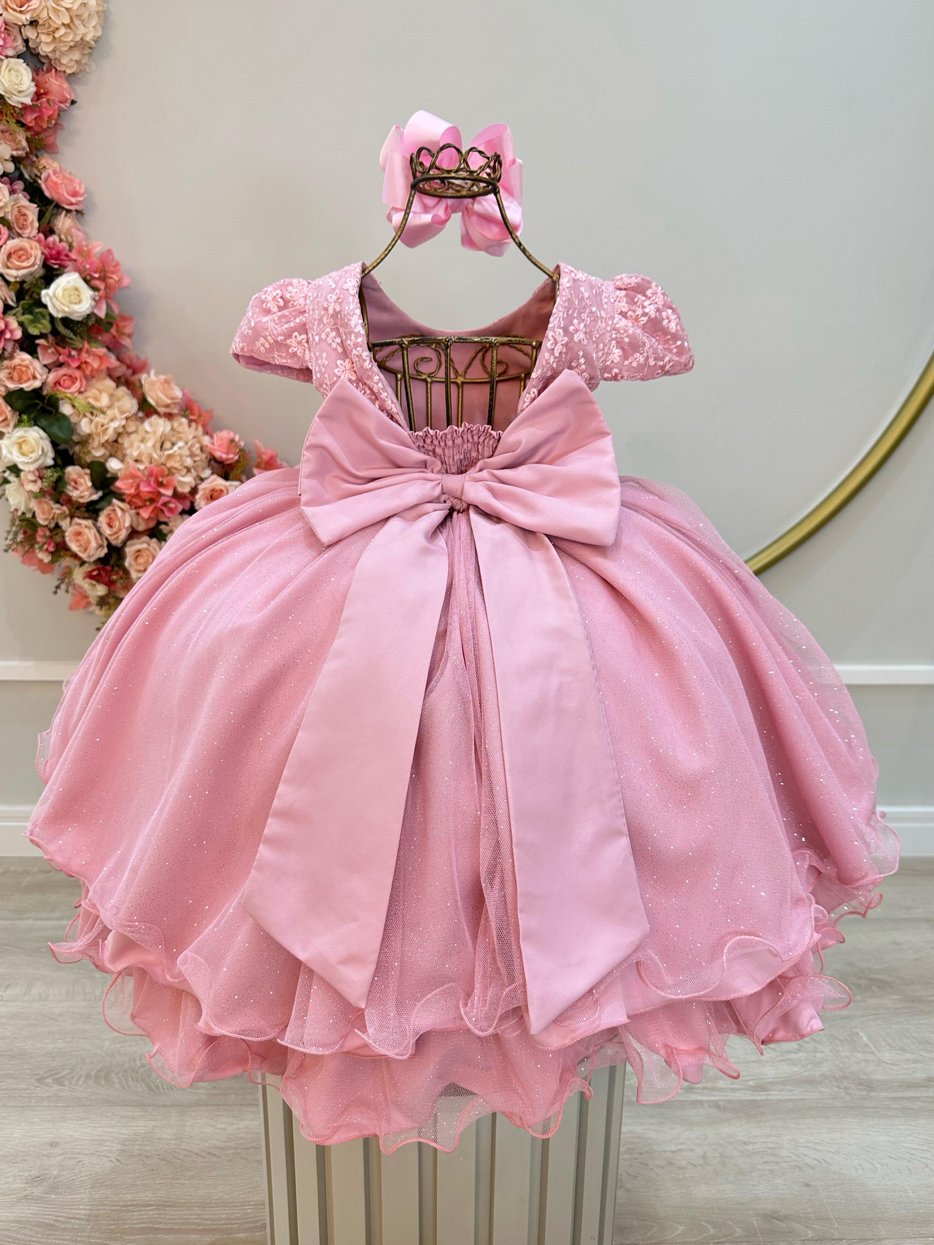 Vestido Infantil Rose Com Renda Cinto de Pérolas e Strass