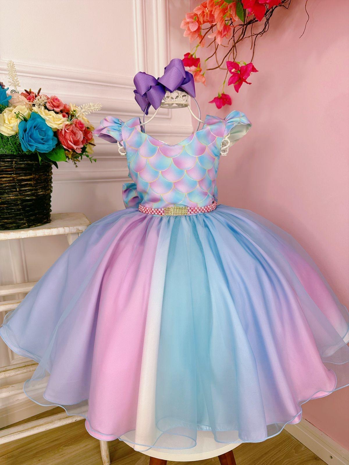 Vestido Infantil Sereia Colorido C/ Cinto de Pérolas Strass