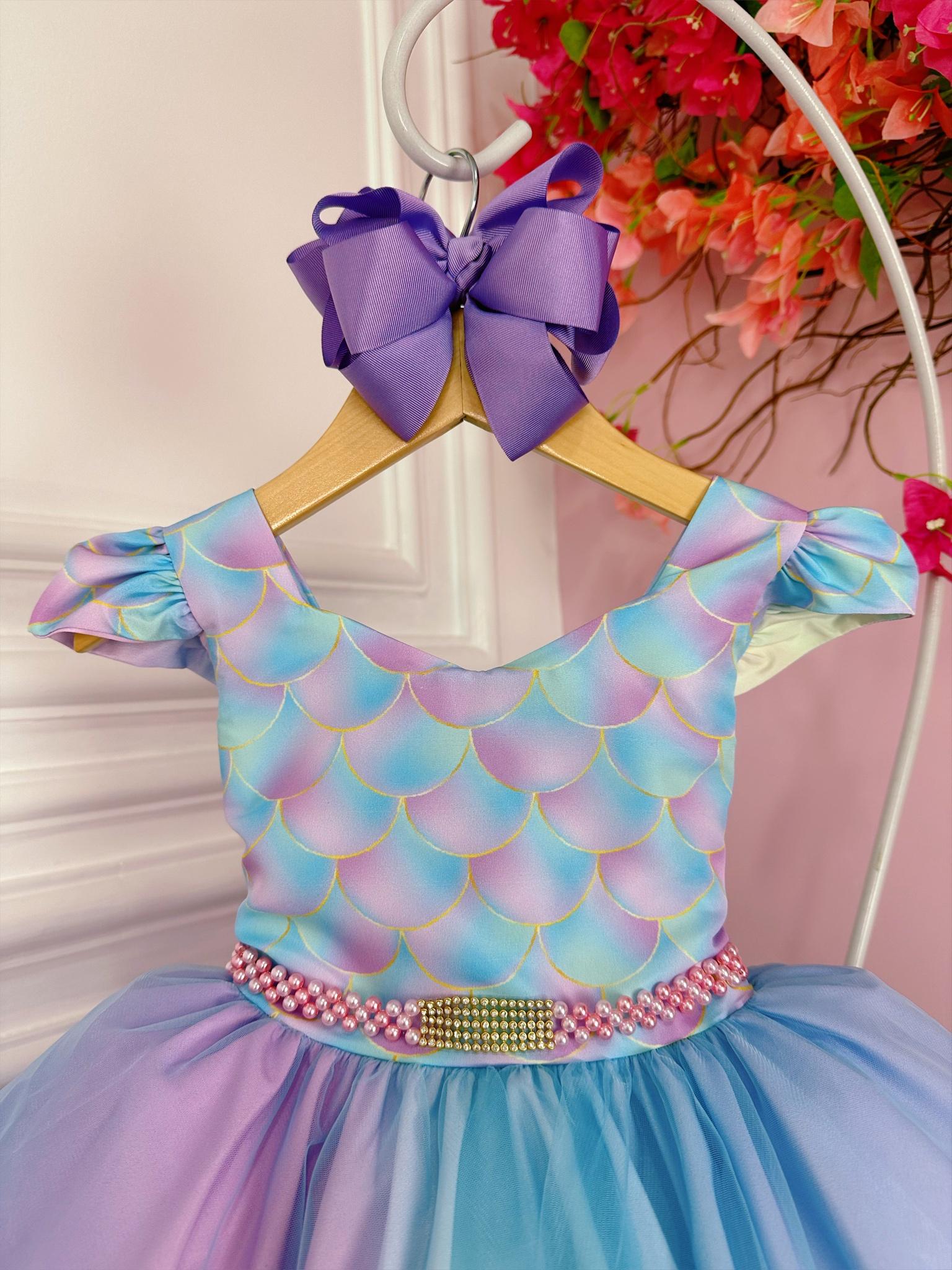 Vestido Infantil Sereia Colorido C/ Cinto de Pérolas Strass