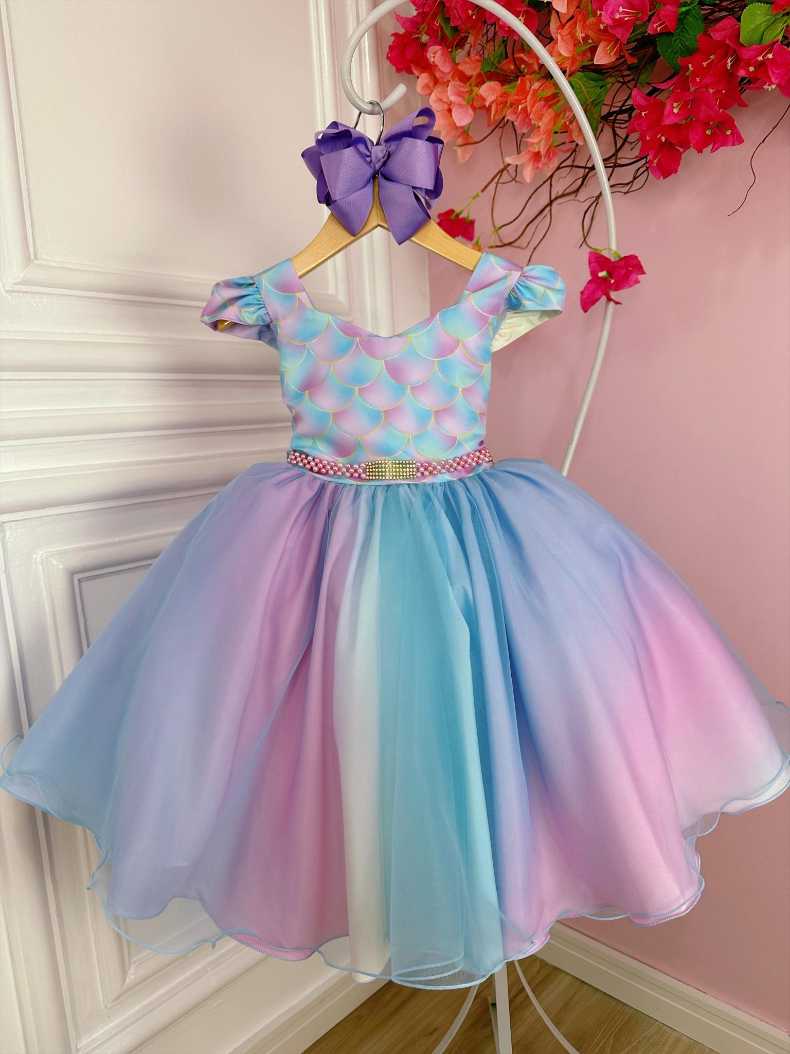 Vestido Infantil Sereia Colorido C/ Cinto de Pérolas Strass