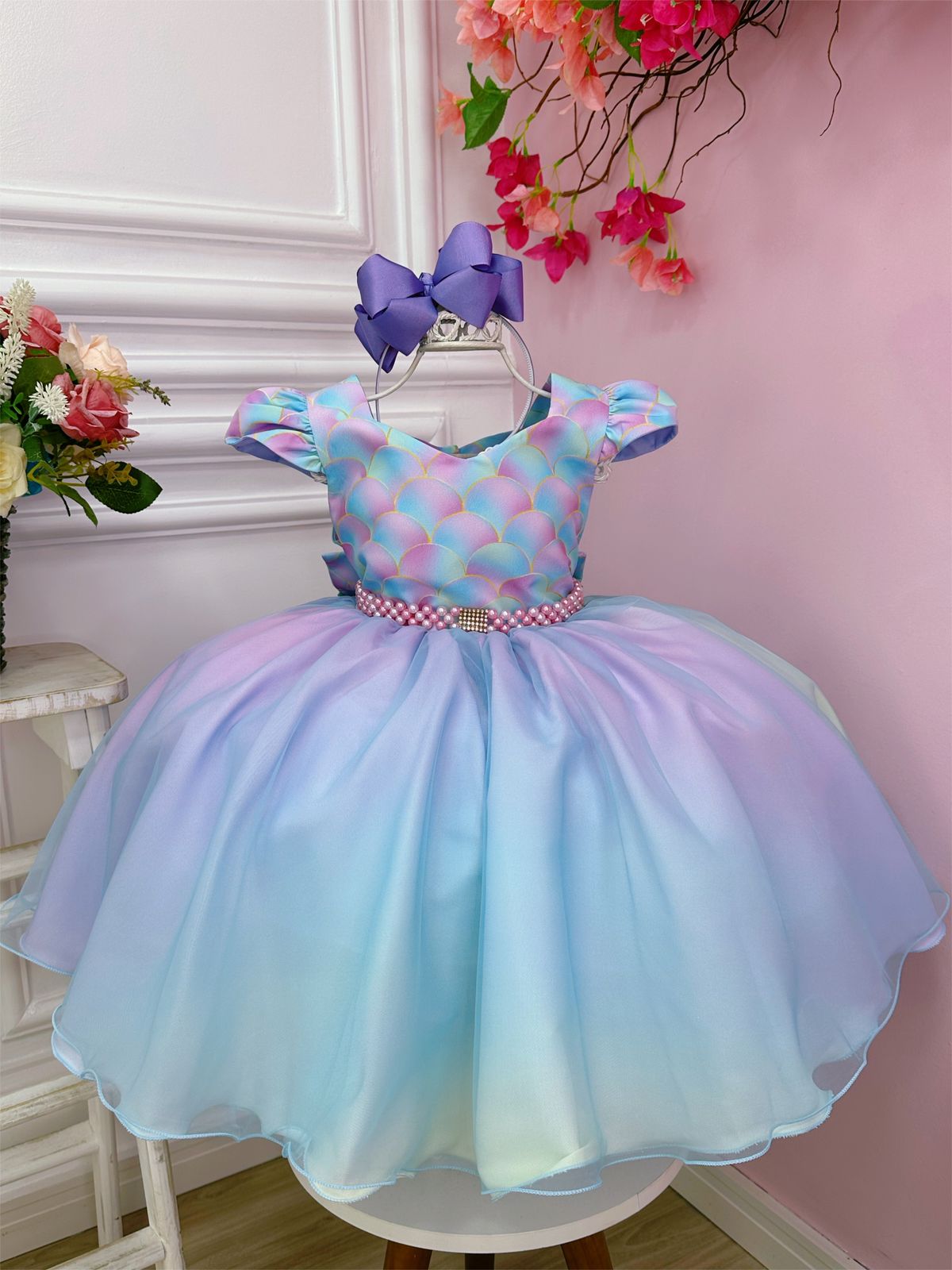 Vestido Infantil Sereia Colorido C/ Cinto de Strass Pérolas