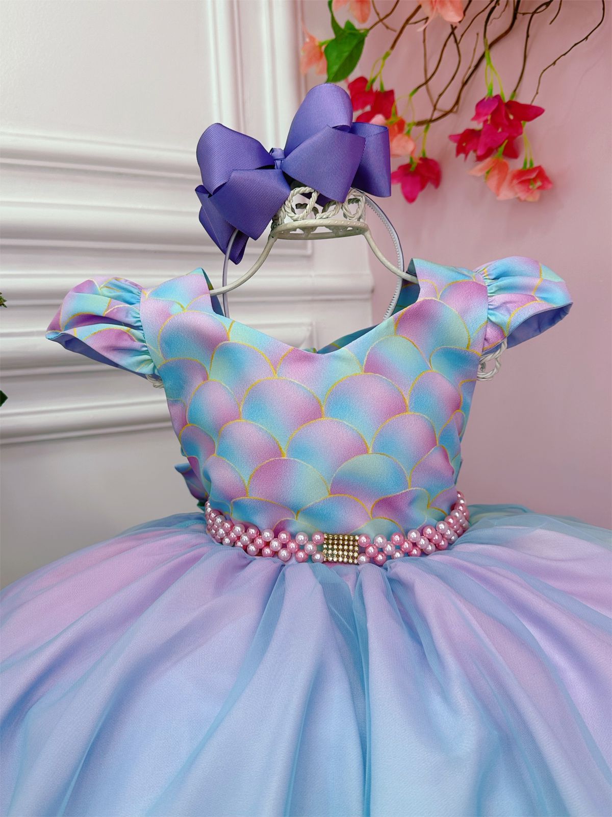 Vestido Infantil Sereia Colorido C/ Cinto de Strass Pérolas
