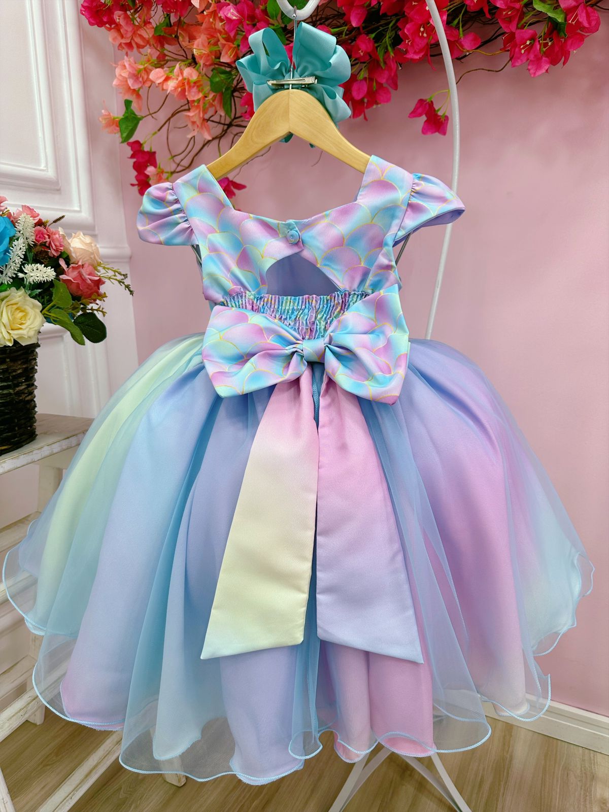 Vestido Infantil Sereia Colorido C/ Cinto de Strass Pérolas