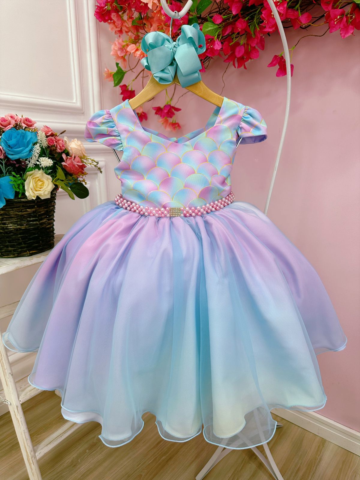 Vestido Infantil Sereia Colorido C/ Cinto de Strass Pérolas
