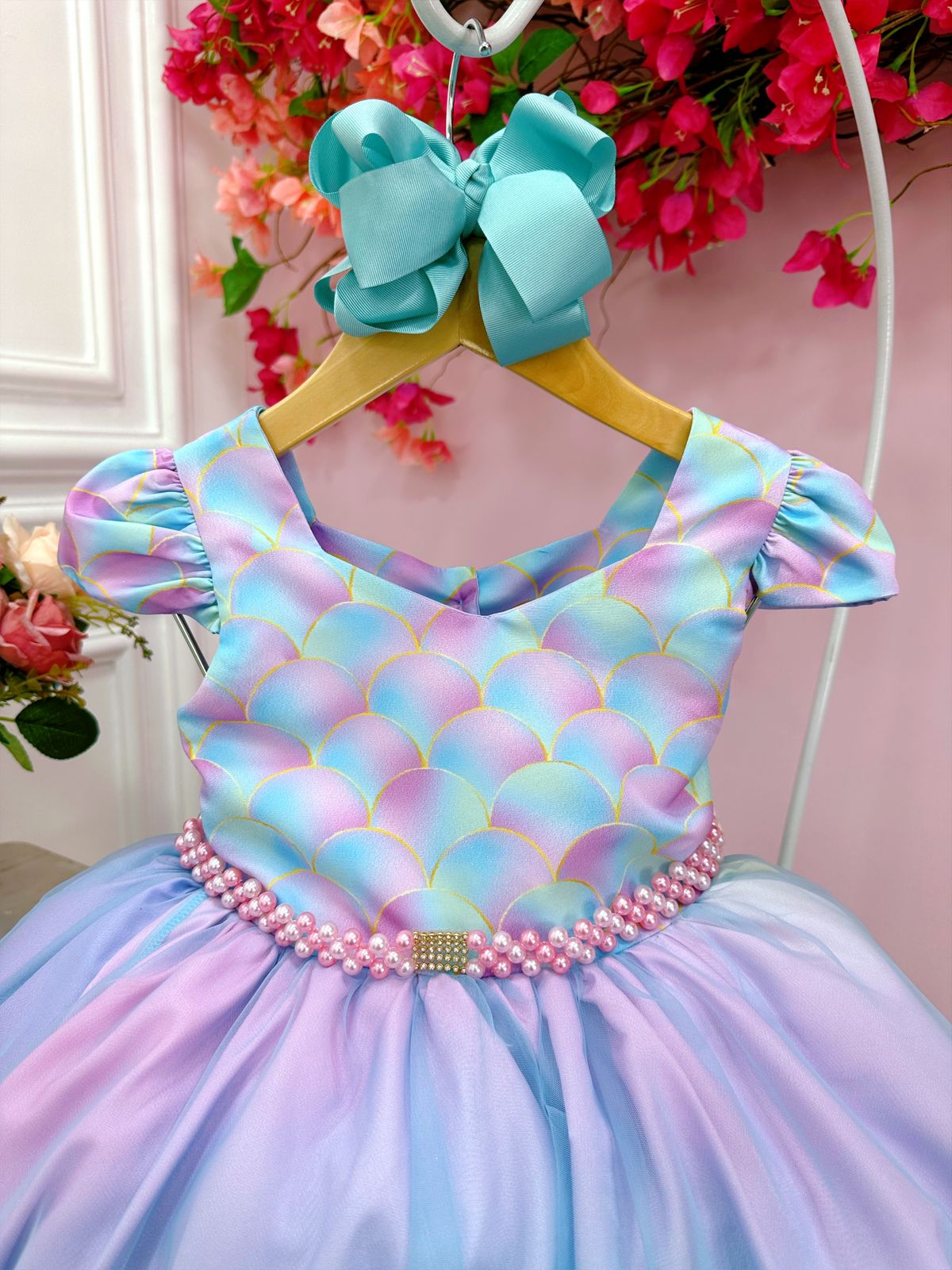 Vestido Infantil Sereia Colorido C/ Cinto de Strass Pérolas