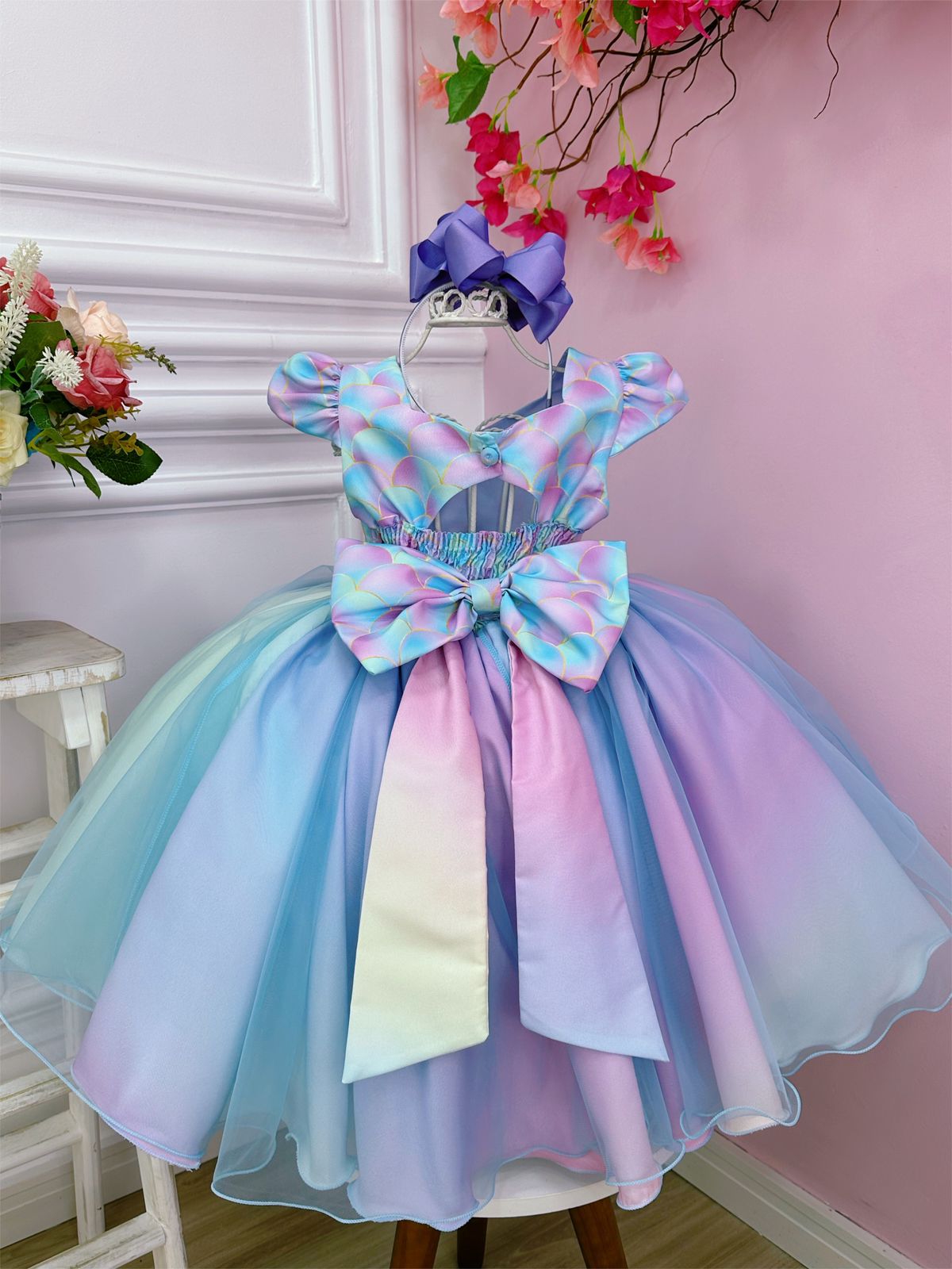 Vestido Infantil Sereia Colorido C/ Cinto de Strass Pérolas