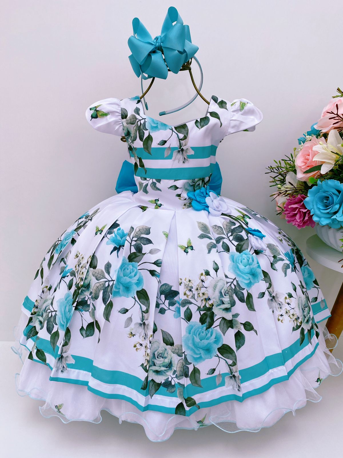 Vestido Infantil Verde Floral Aplique Flor Luxo FLoristas