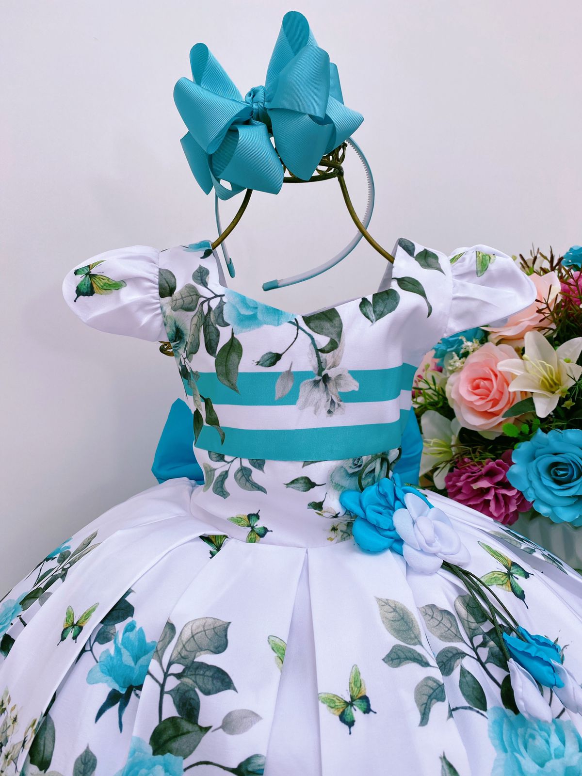 Vestido Infantil Verde Floral Aplique Flor Luxo FLoristas