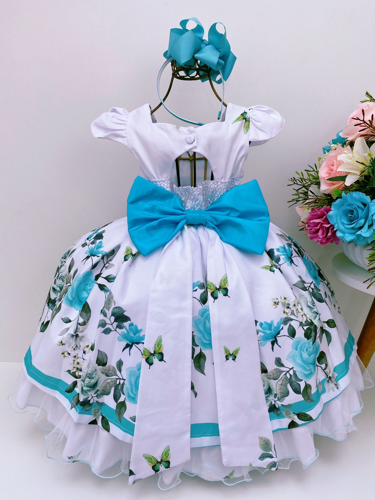 Vestido Infantil Verde Floral Aplique Flor Luxo FLoristas