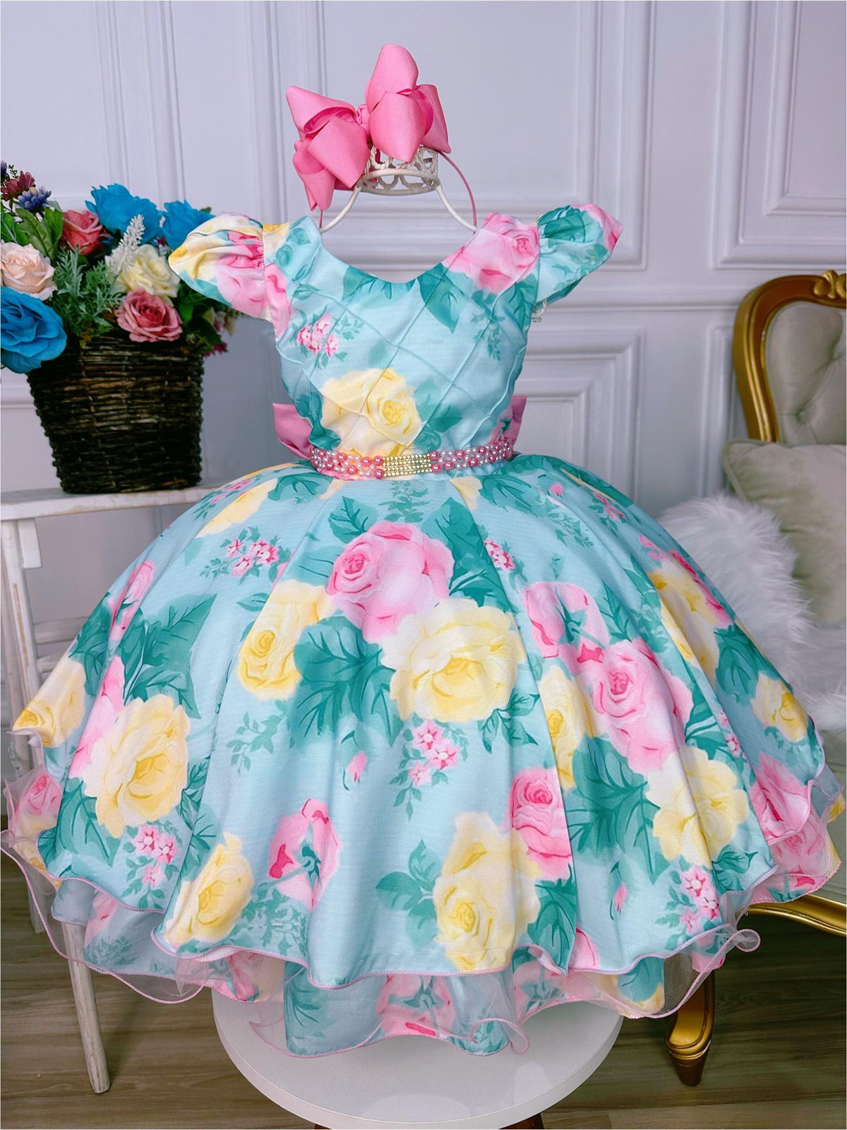 Vestido Infantil Verde Busto Nervura Florido Pérolas Strass