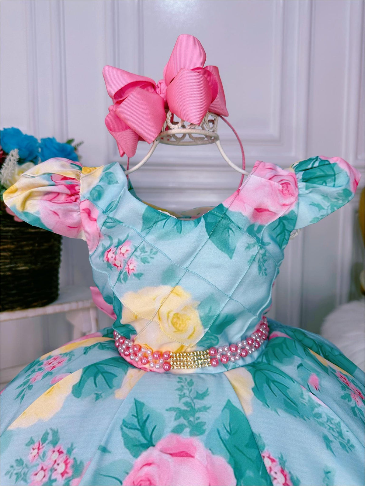 Vestido Infantil Verde Busto Nervura Florido Pérolas Strass