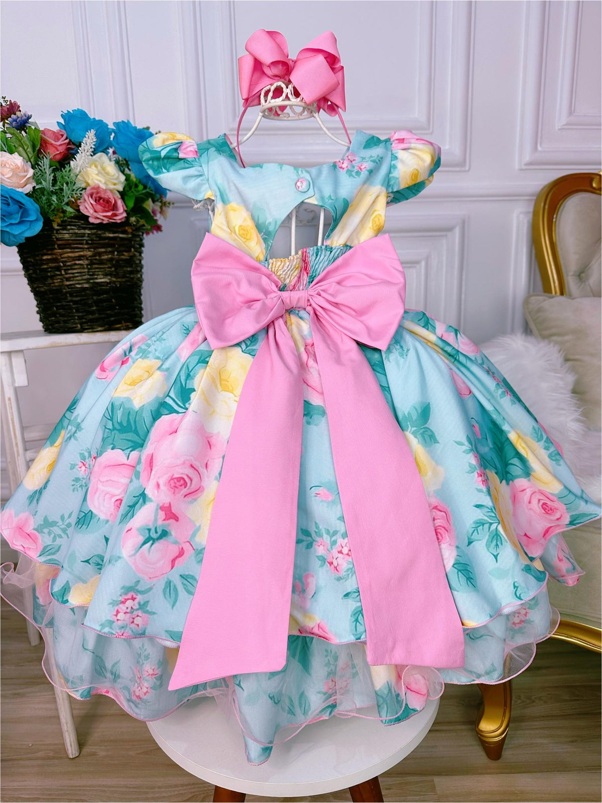 Vestido Infantil Verde Busto Nervura Florido Pérolas Strass
