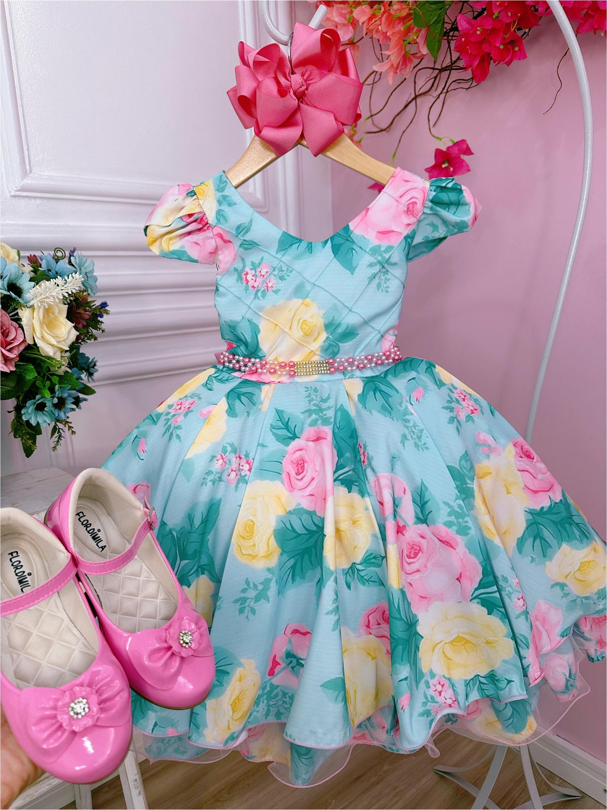 Vestido Infantil Verde Busto Nervura Florido Pérolas Strass