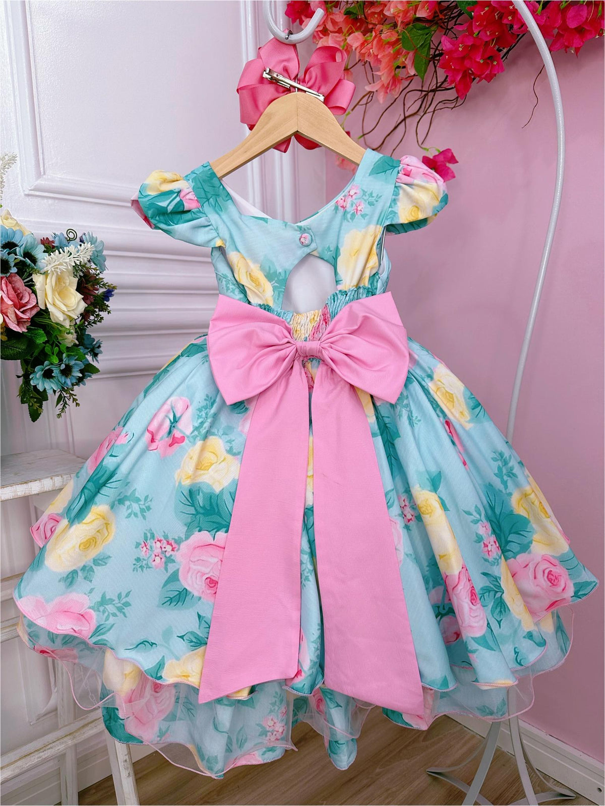 Vestido Infantil Verde Busto Nervura Florido Pérolas Strass