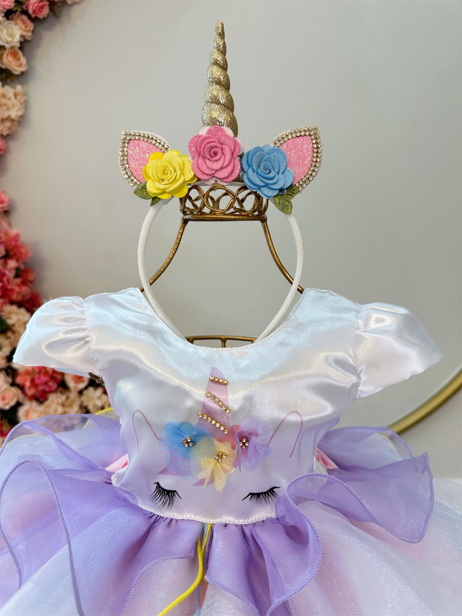 Vestido Infantil Unicórnio Colorido Luxo Festa